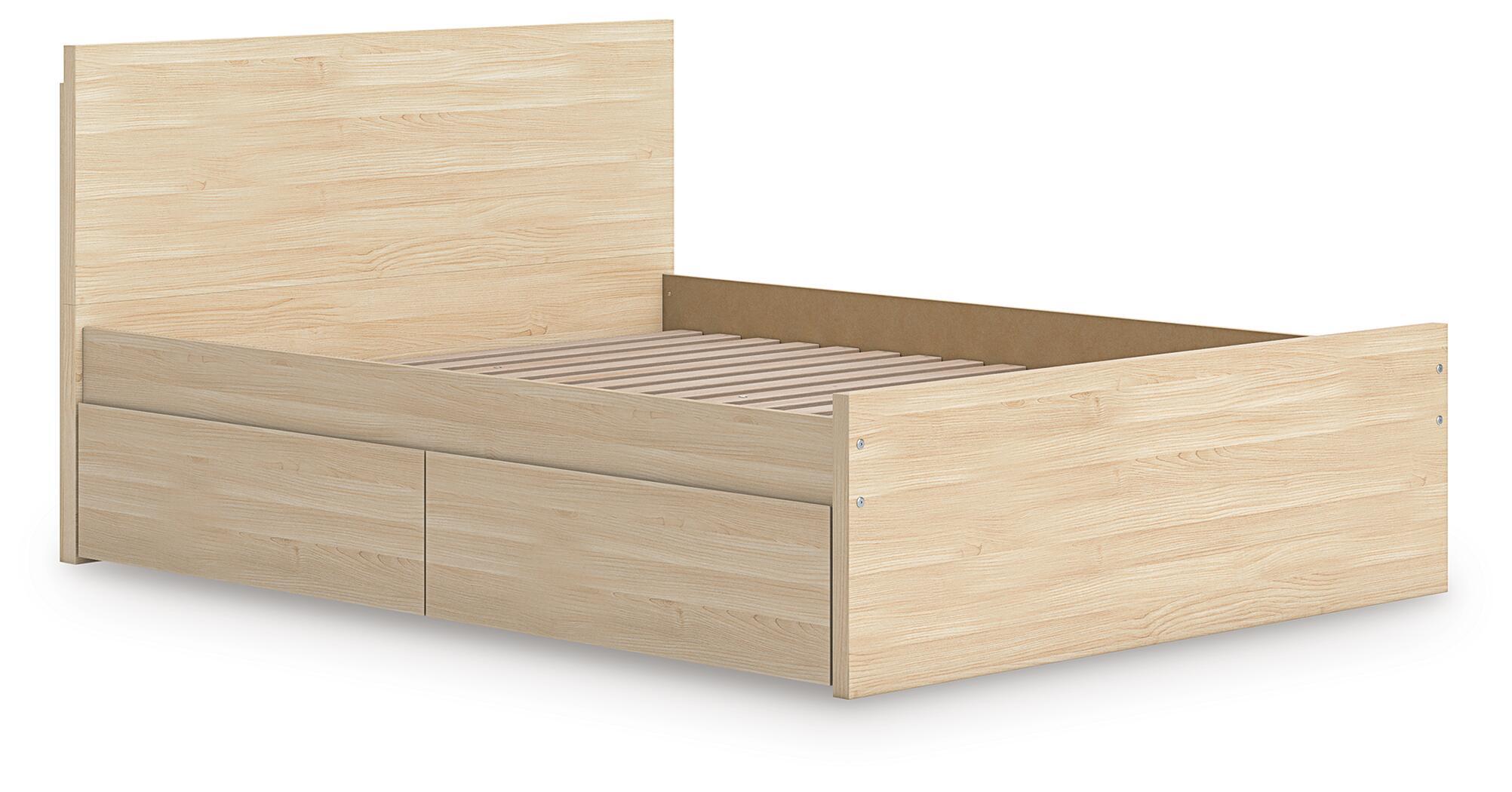 Light brown panel platform bed with open underbed storage compartment and panel drawers