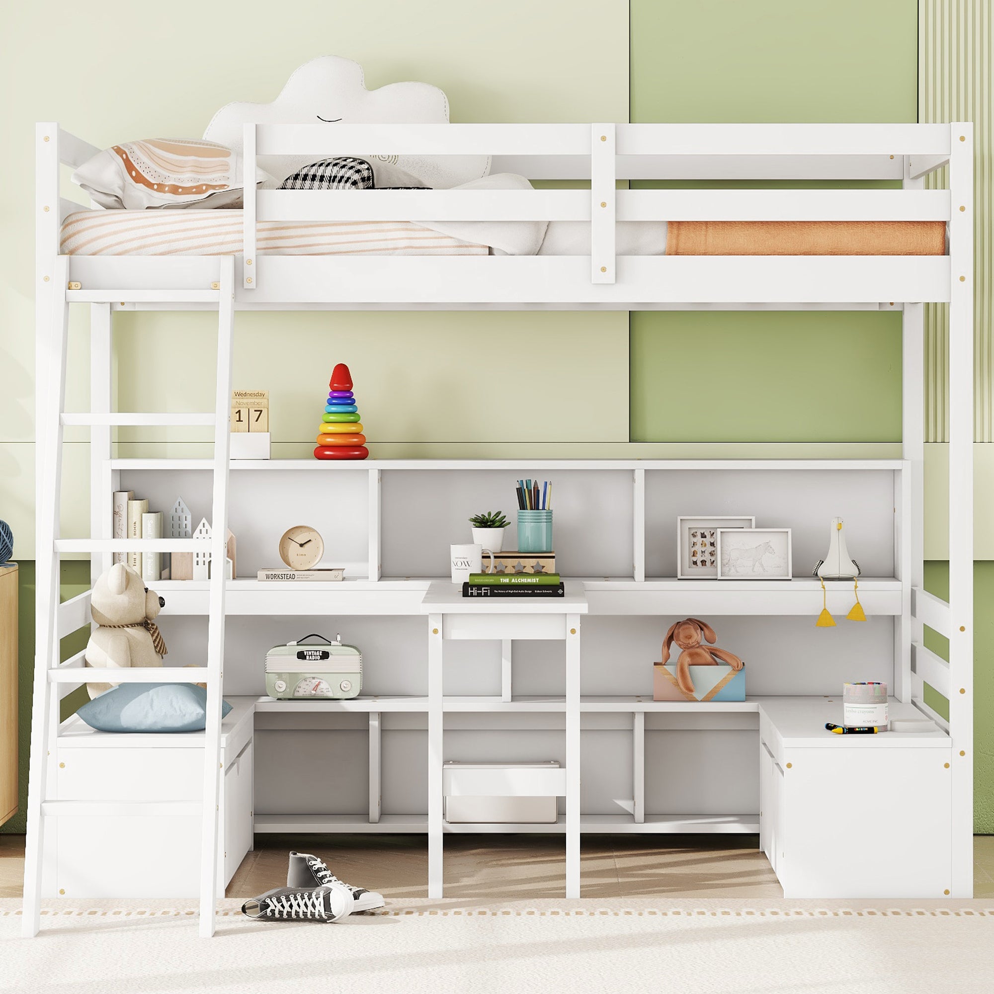 White Twin Loft Bed: Desk, Storage, Shelves, Drawers, Seat