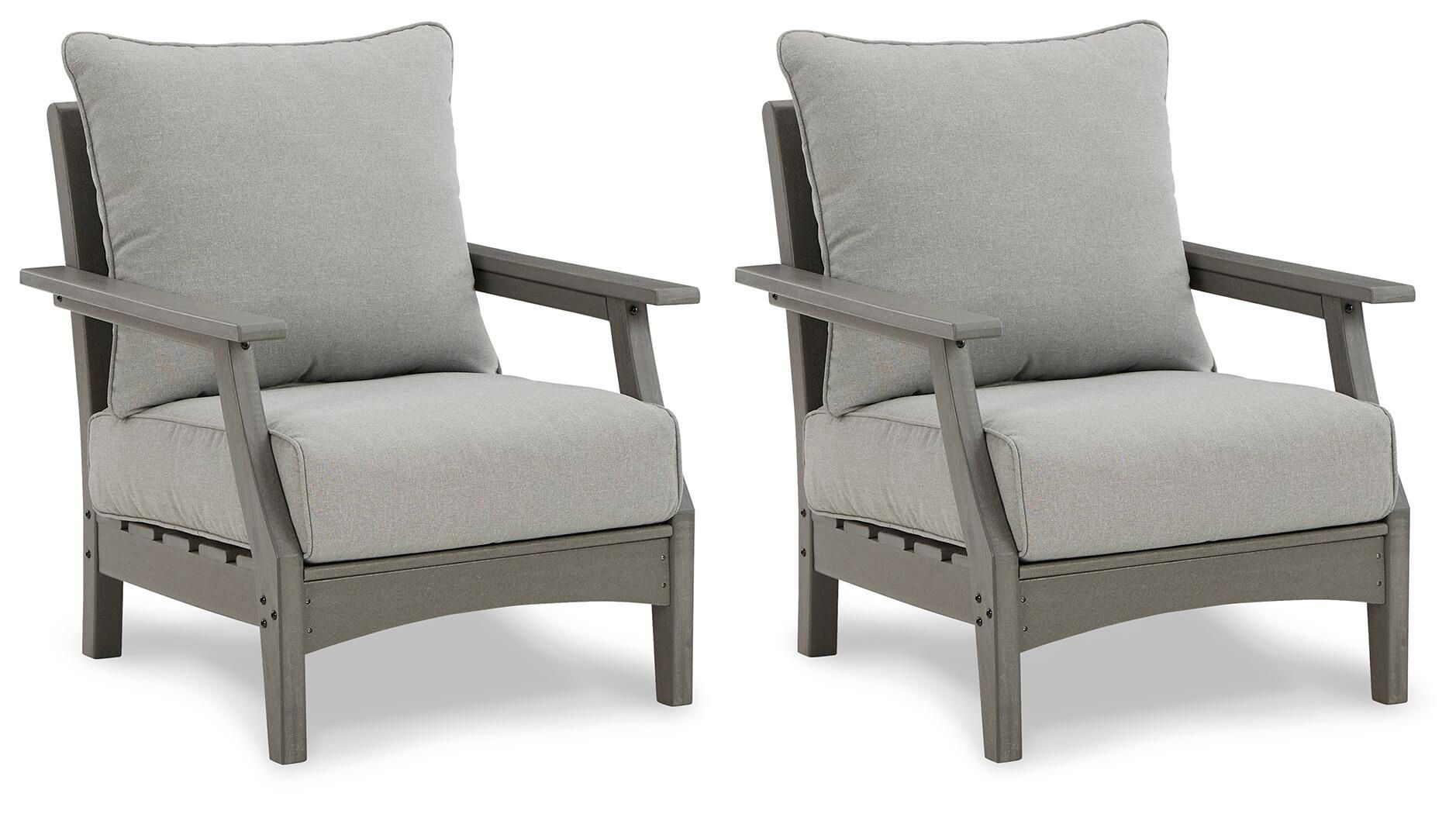 Set of 2 gray lounge chairs with seat and back cushions, straight wooden arms