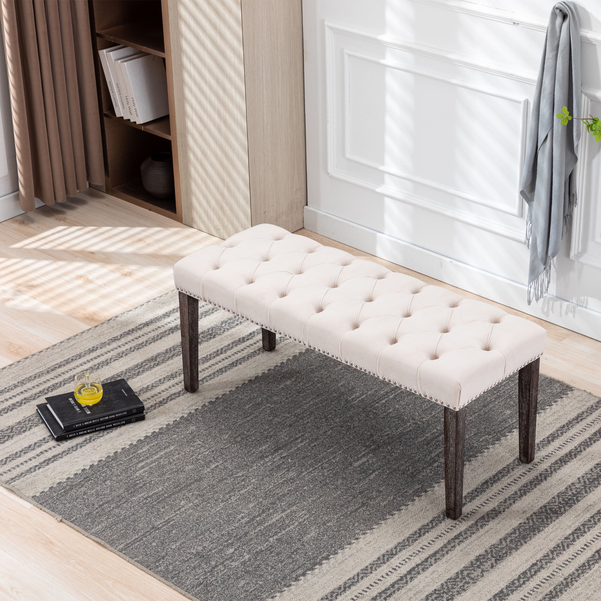 Heng Ming Tufted Velvet Bench Ottoman - Beige
