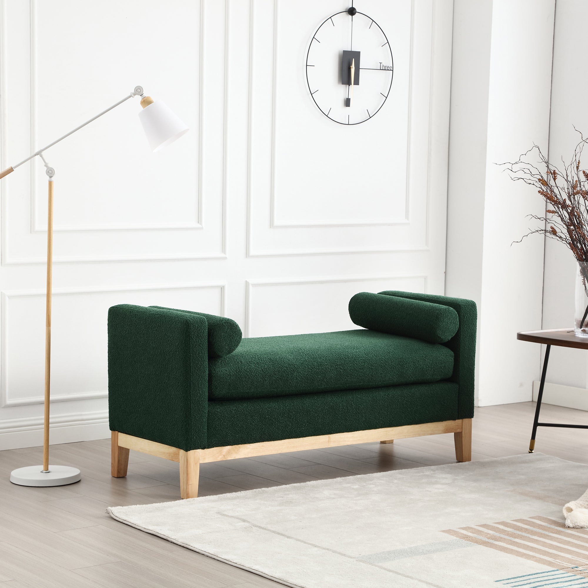 Green Elegant Upholstered Ottoman Bench with Wood Legs