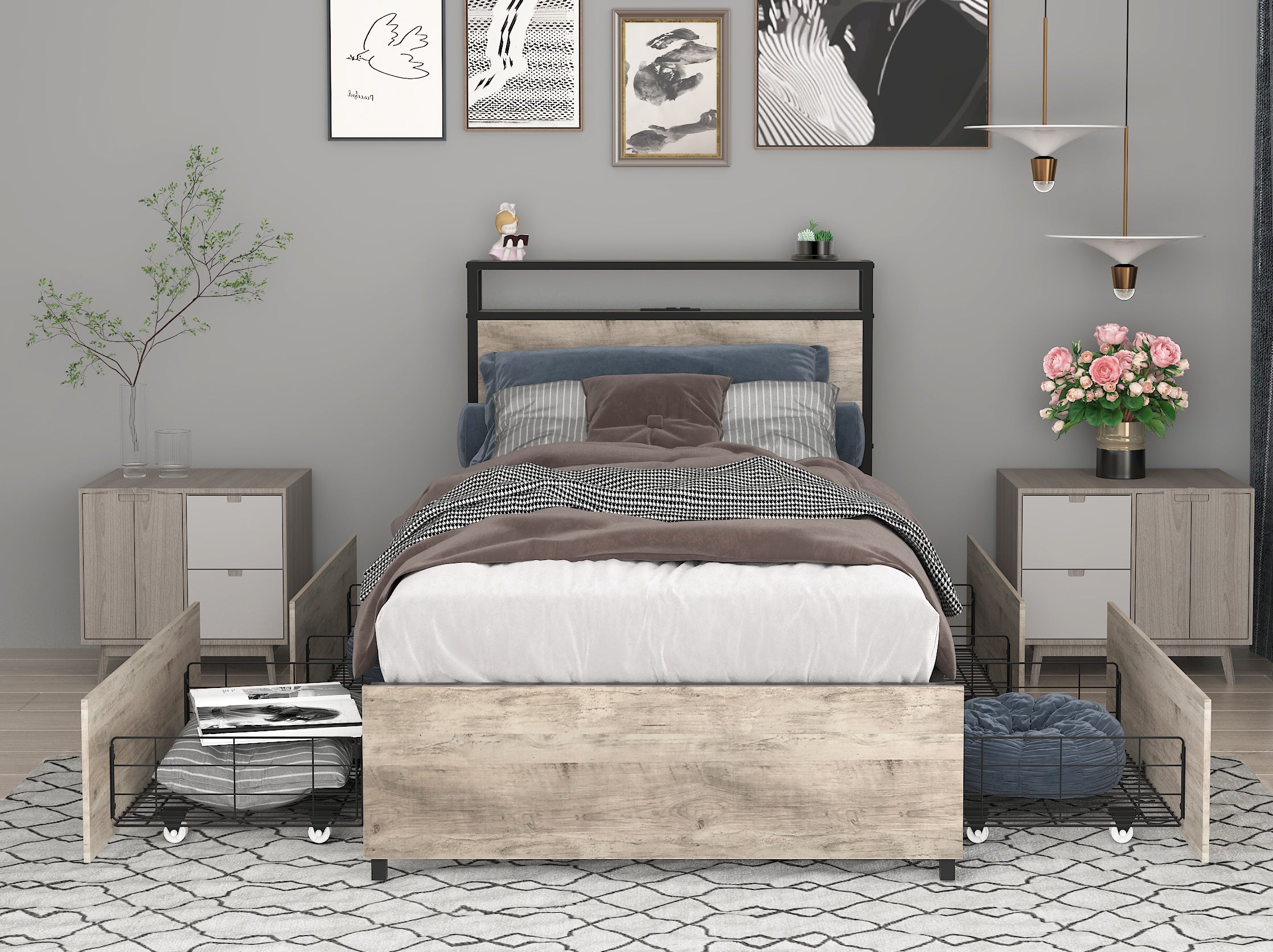 Twin Bed Frame w/Storage & Charging: Solid & Easy