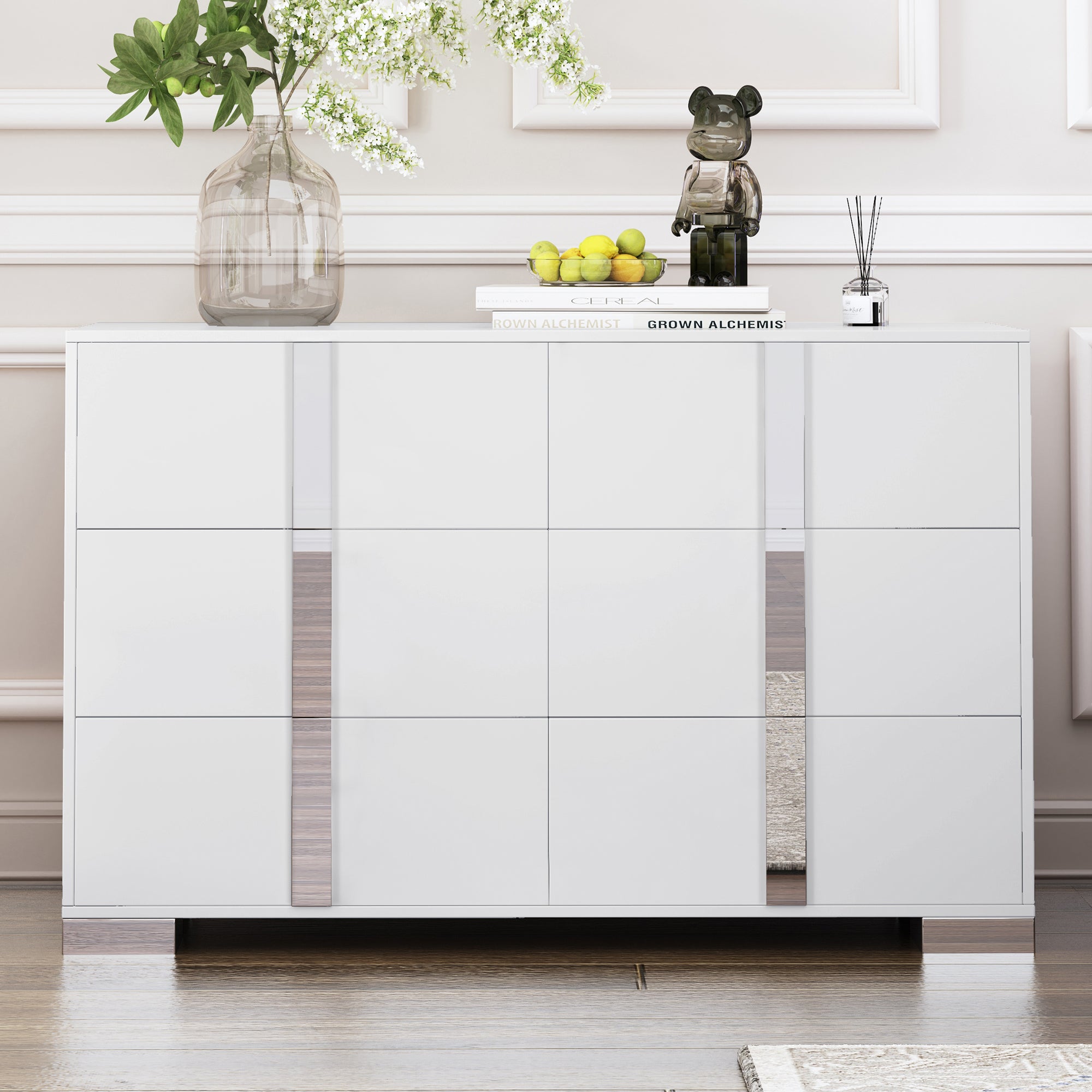 Elegant White Mirrored 6-Drawer Dresser - Modern Storage