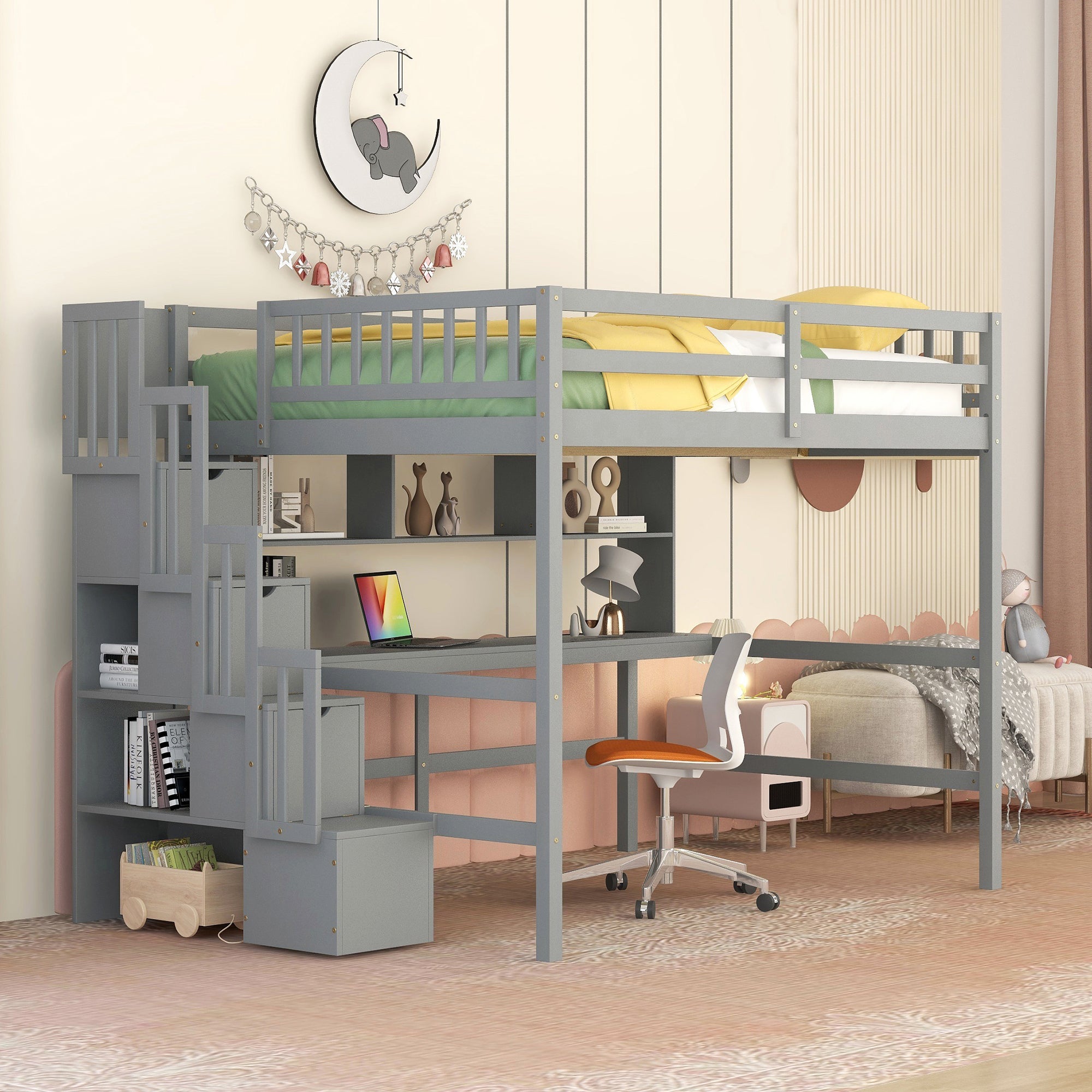 Full Size Grey Loft Bed with Desk, Storage Shelves & Stairs