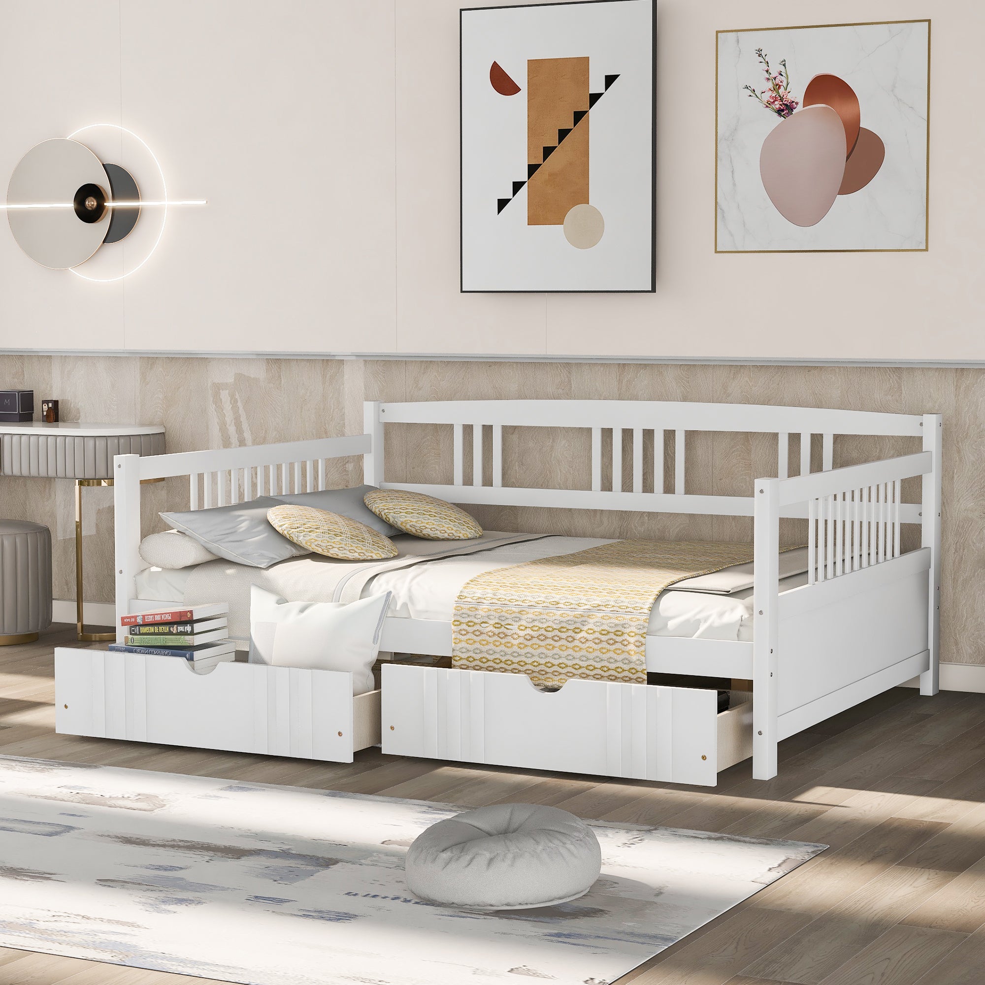 White Full Size Wood Daybed with Two Storage Drawers