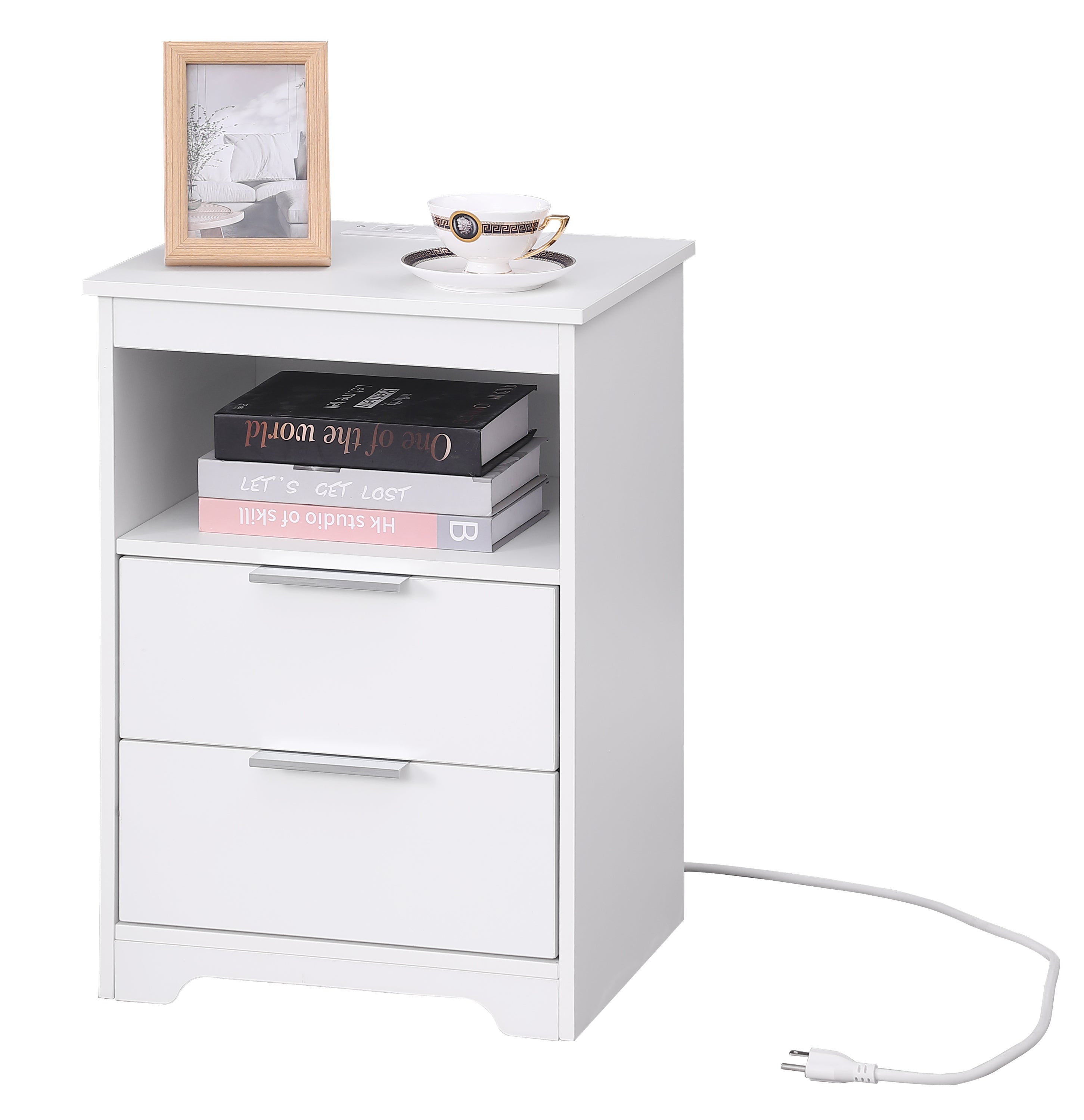 White Nightstand End Table with Charging Station, Drawers, Shelf