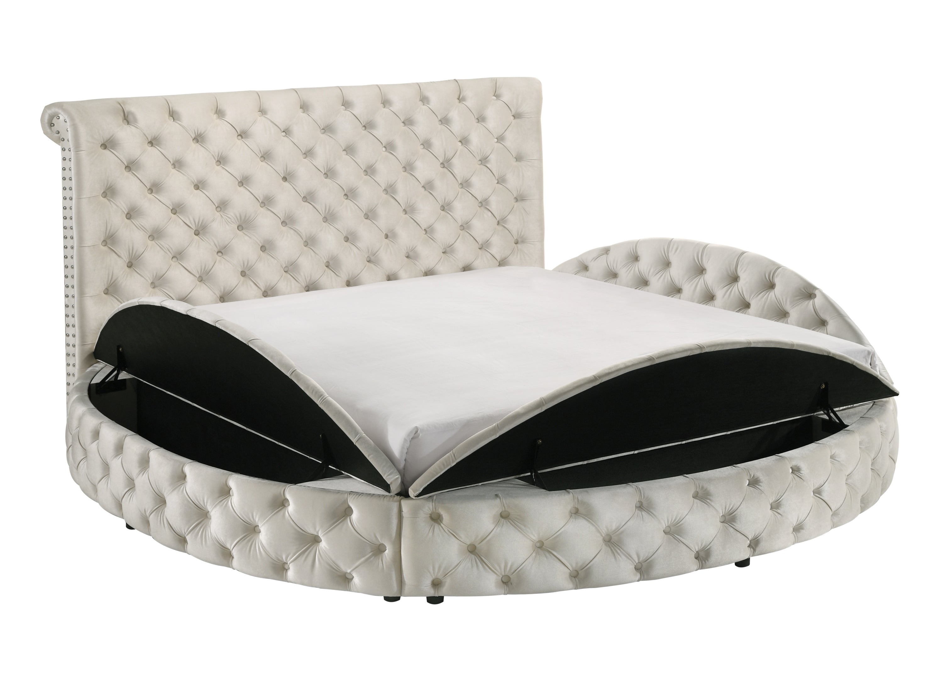 Unique Plush Ivory Velvet Queen Storage Bed - Tufted Round Design