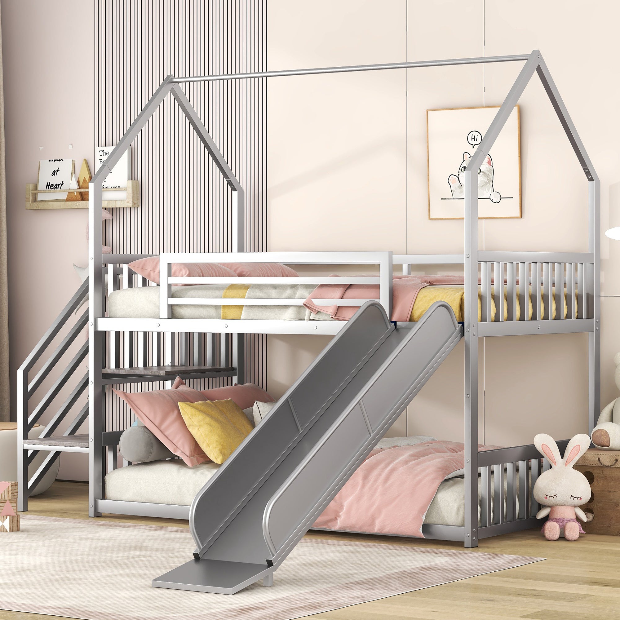 Silver Twin Metal House Bunk Bed with Slide & Staircase - Kids Fun