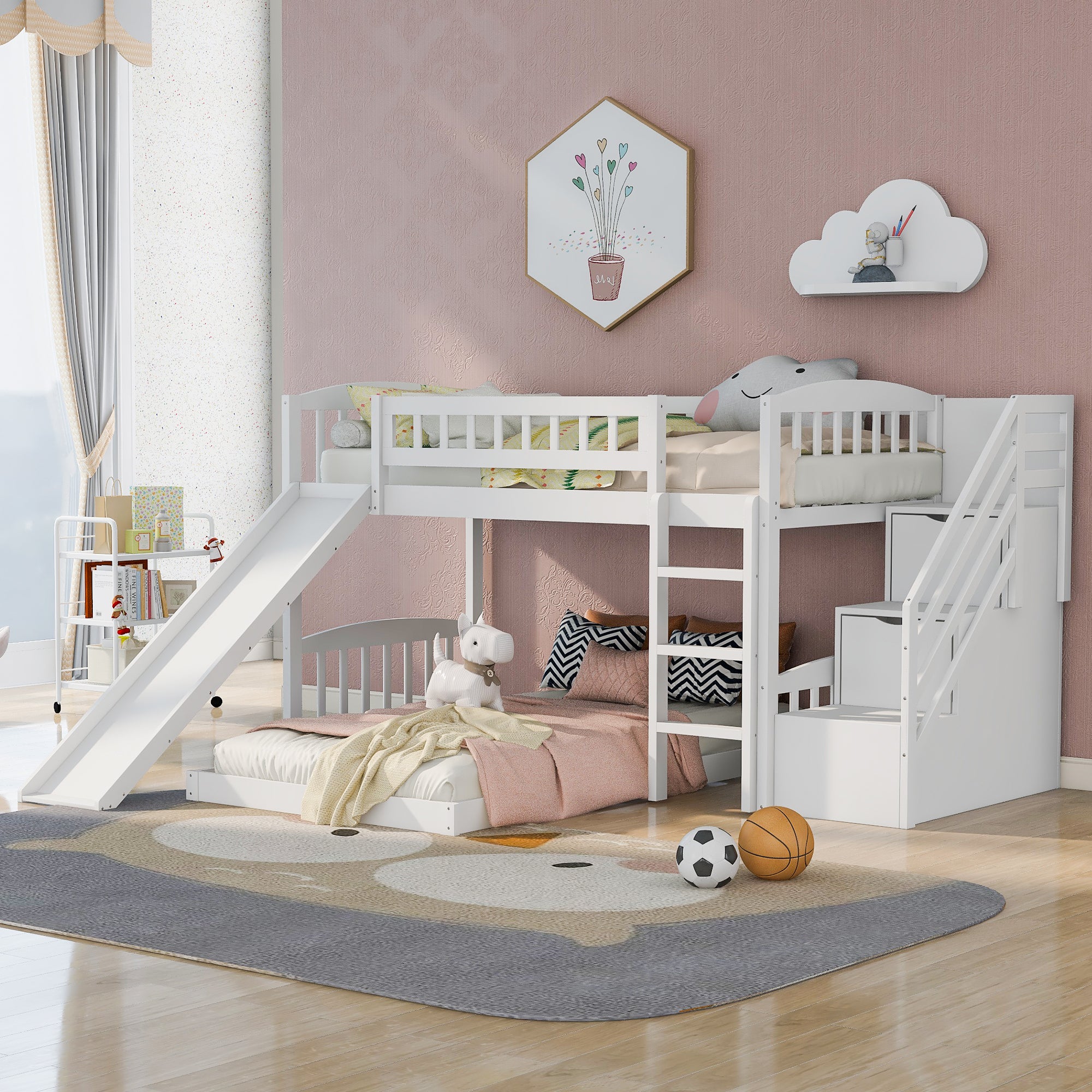 Stairway Twin over Twin Bunk Bed with Slide & Storage Drawers