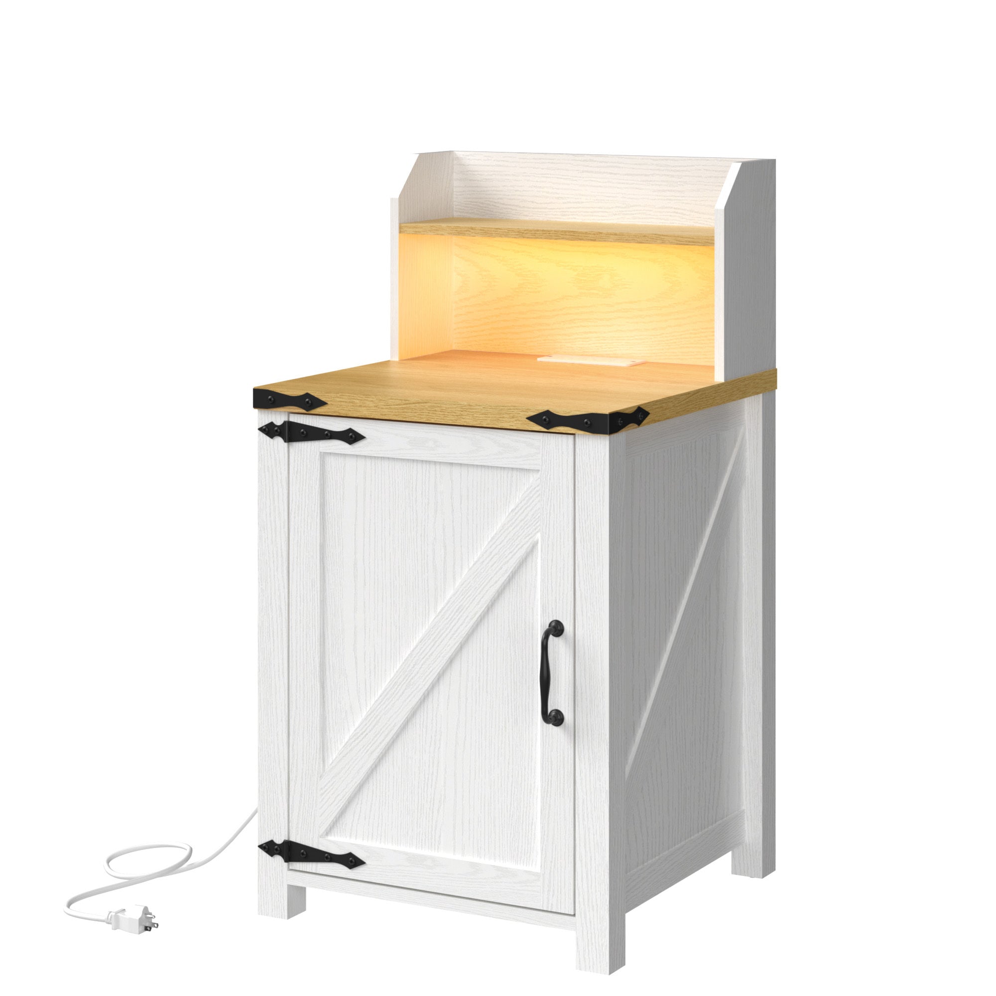 OKD Farmhouse Nightstand w/Charging Station & Barn Door, Antique White