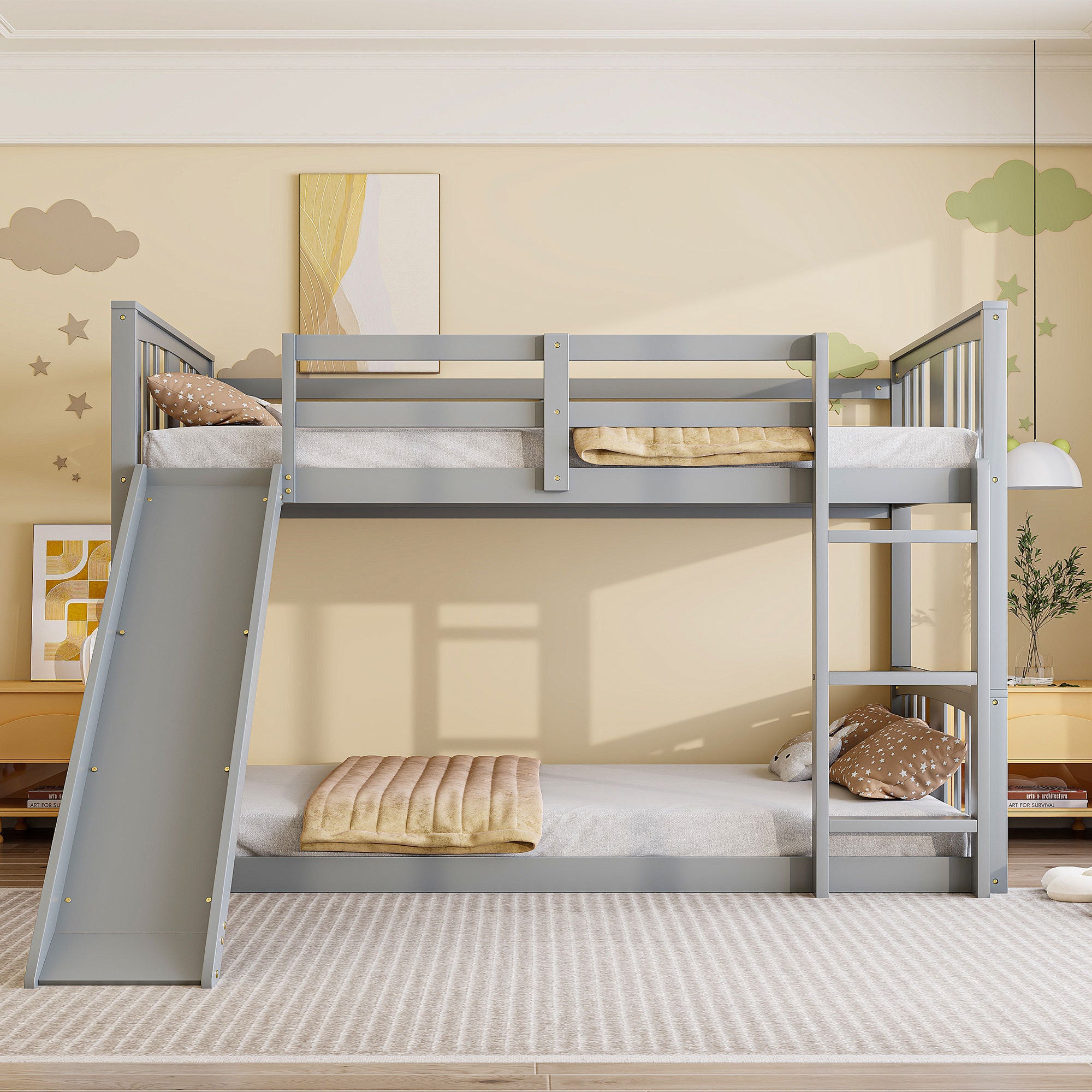 Gray Twin Over Twin Bunk Bed for Kids with Slide & Ladder