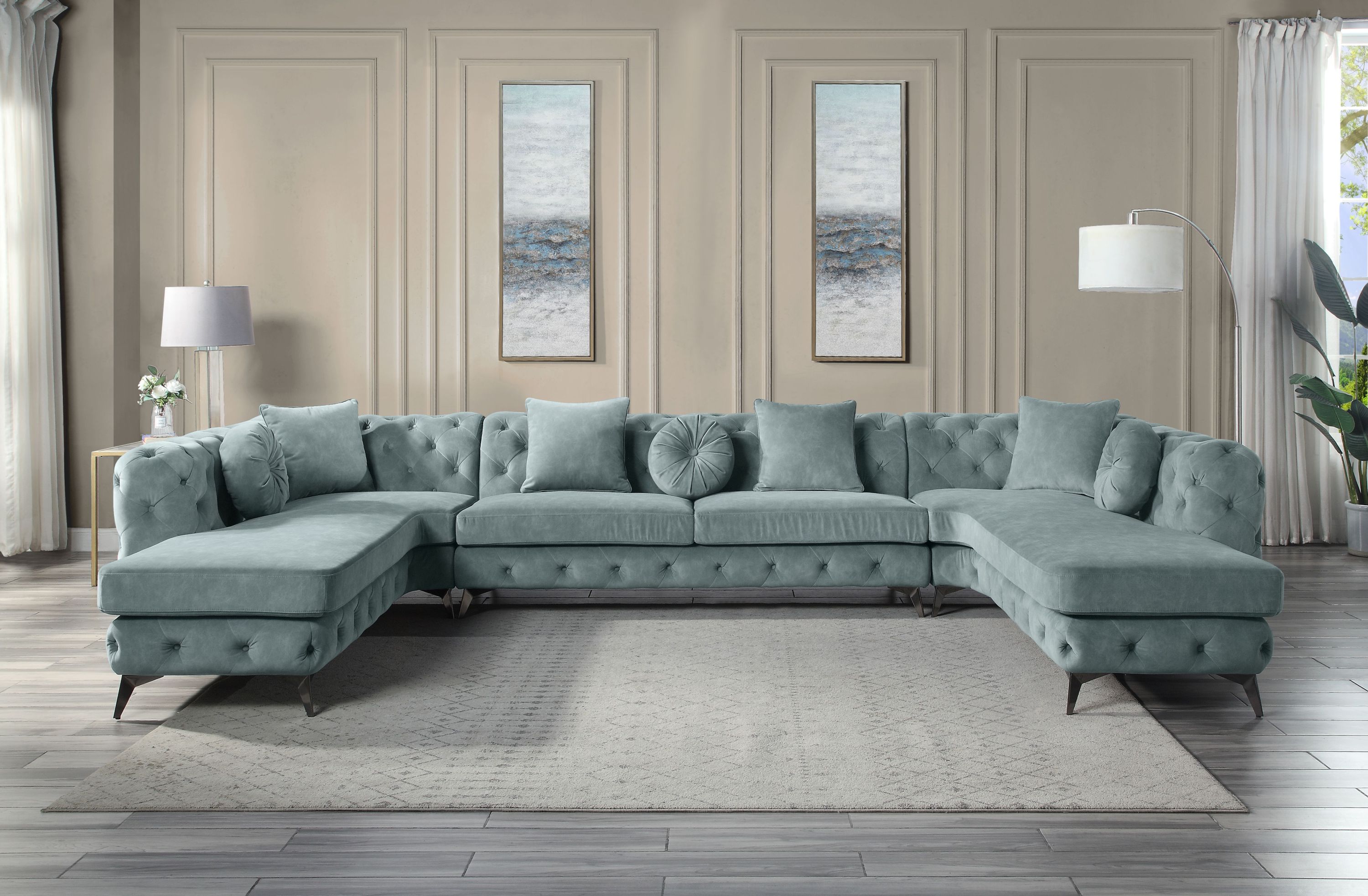 Zerah Dusty Blue Fabric Sectional Sofa with 7 Pillows