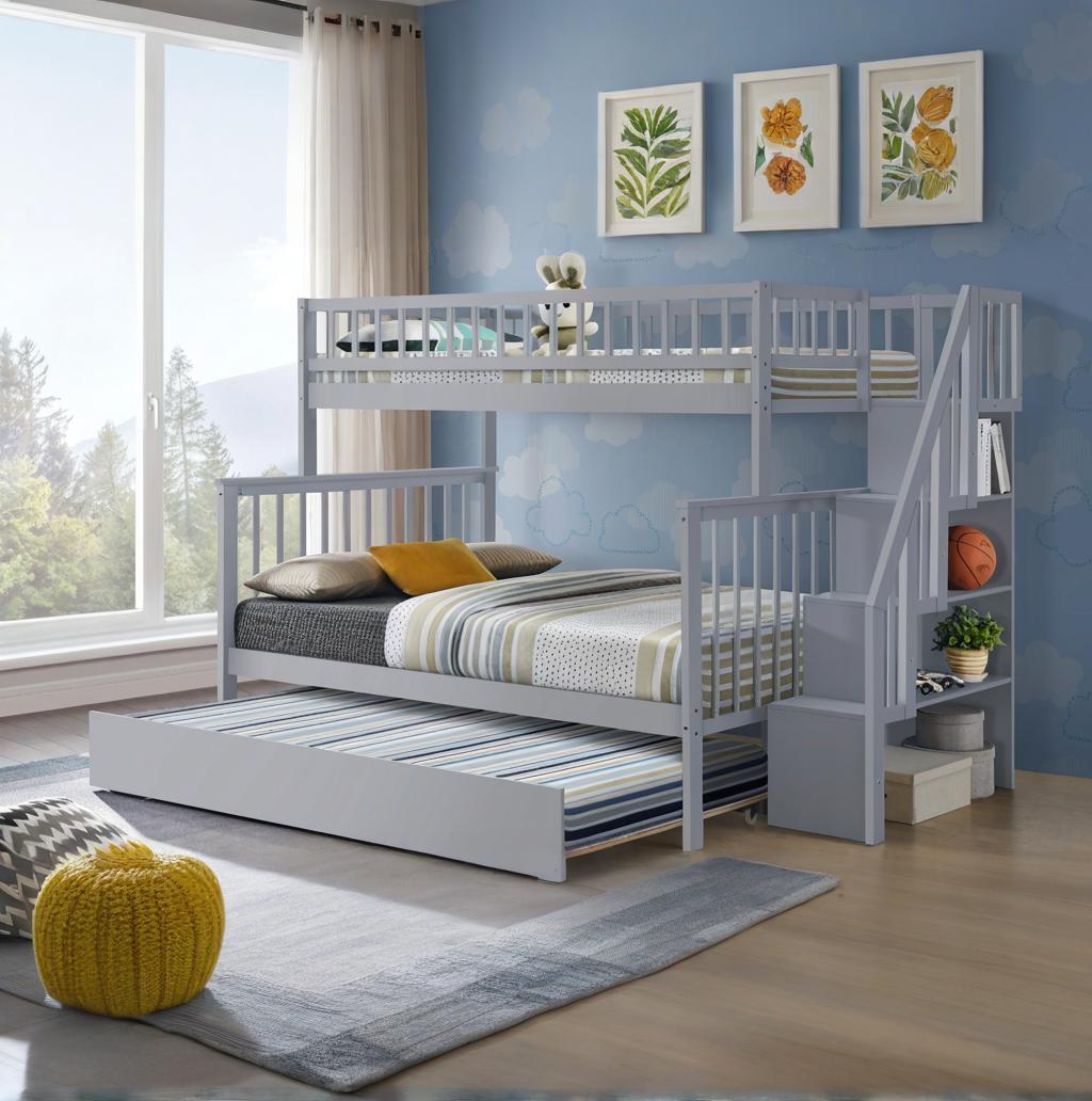 Space-Saving Gray Twin over Full Stairway Bunk Bed with Trundle