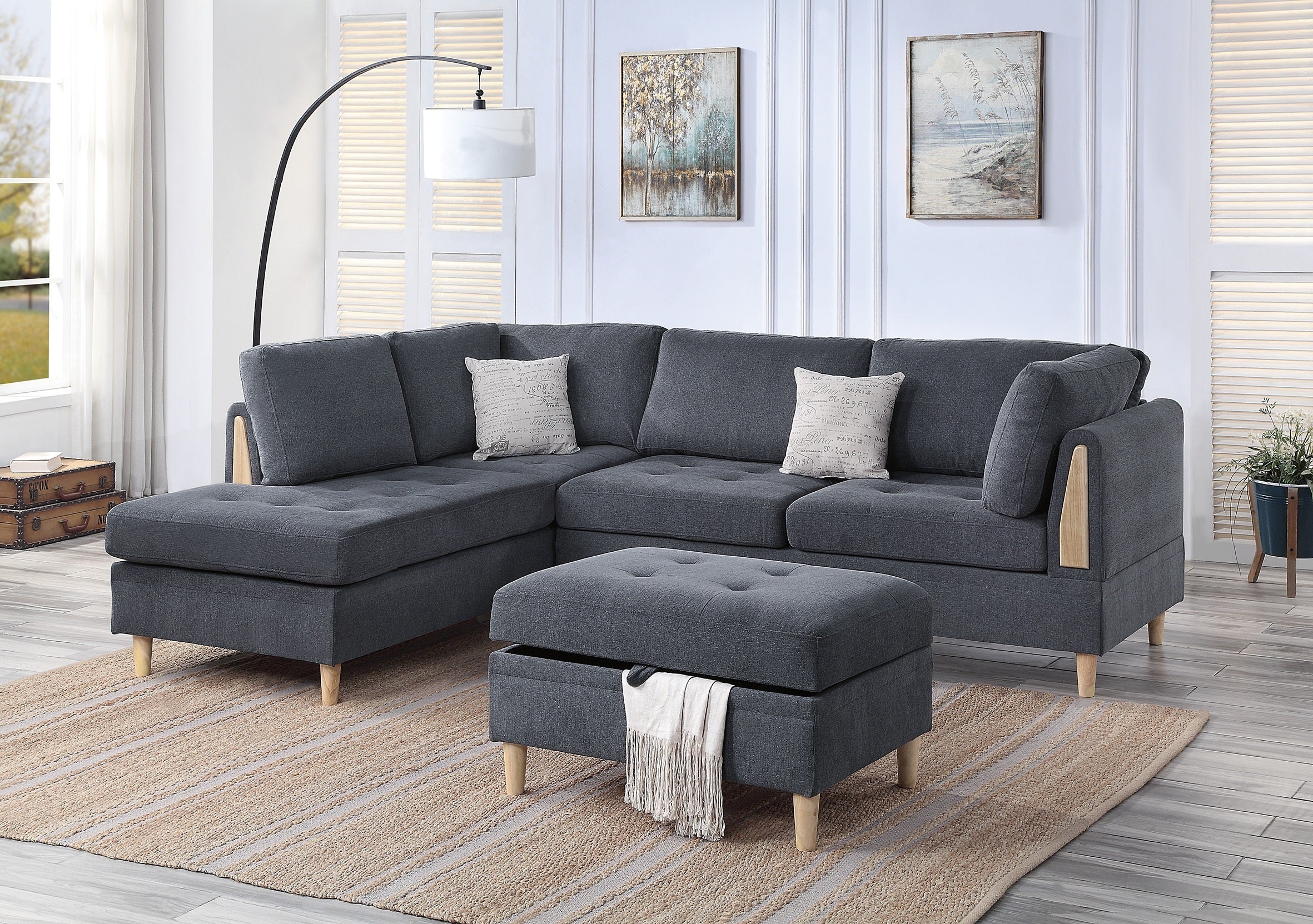 Reversible 3-PC Sectional Sofa w/ Chaise & Ottoman - Charcoal
