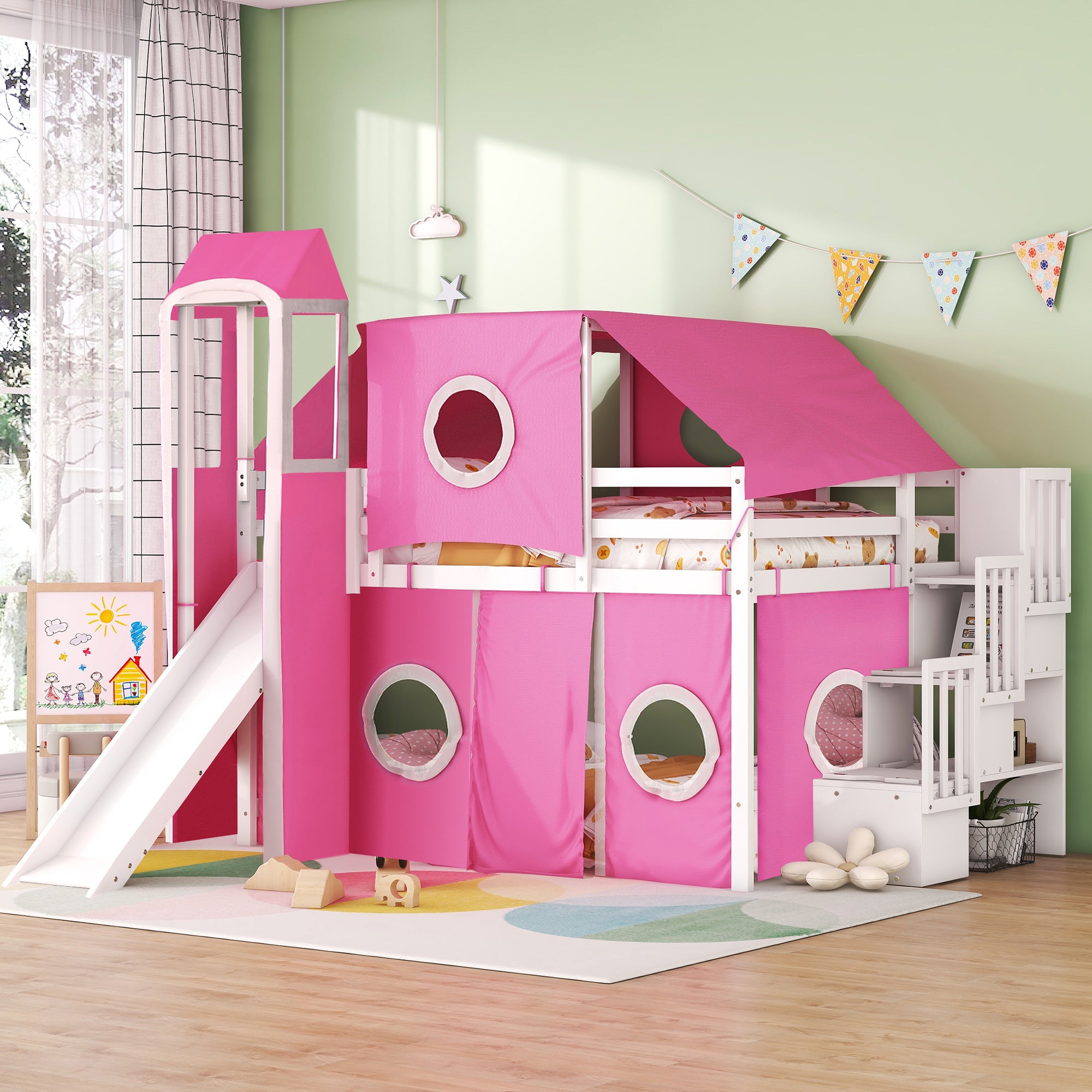 Pink Full Loft Bed with Tent & Tower
