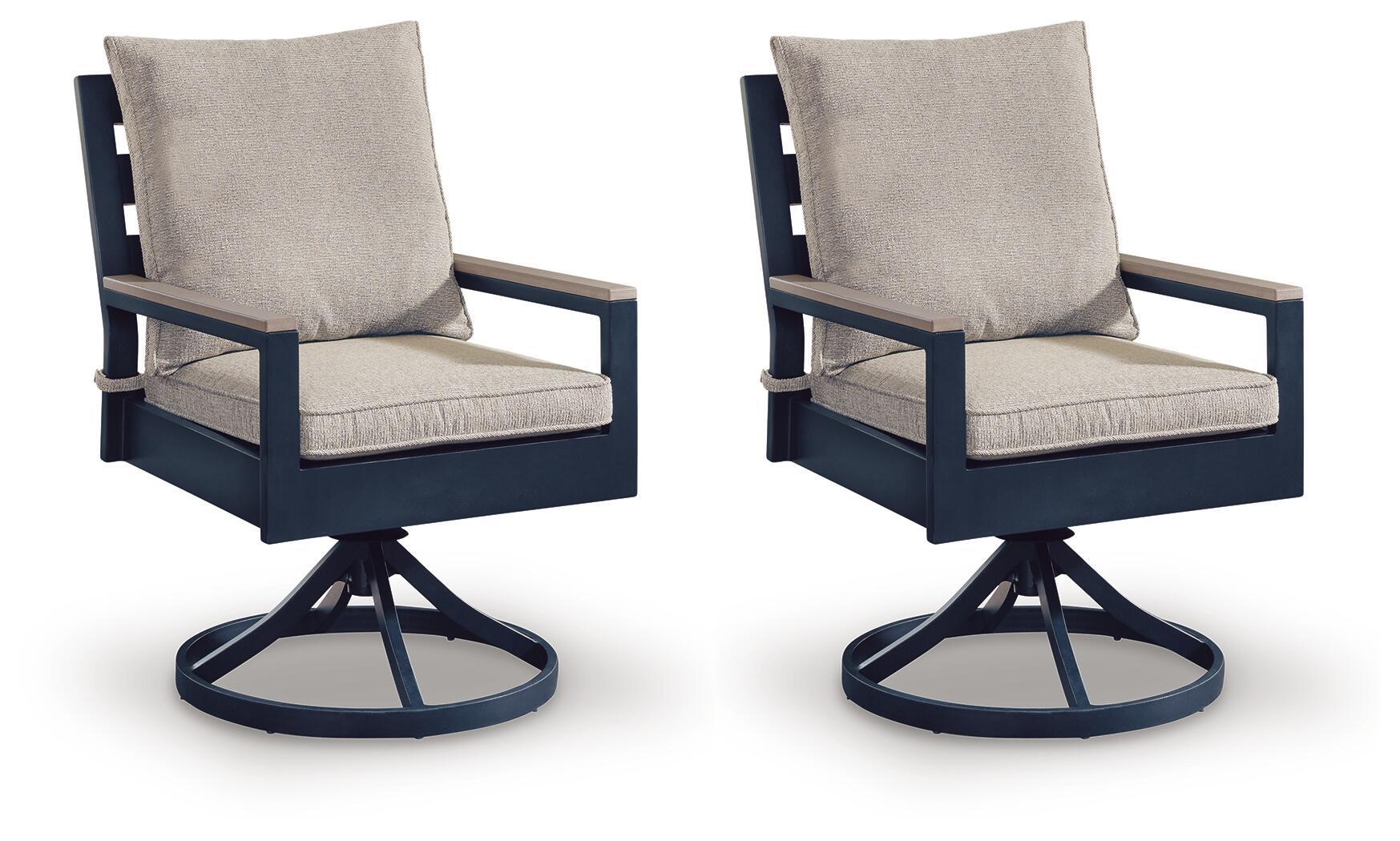 Blue swivel chair set of 2 with light beige seat cushion and curved base