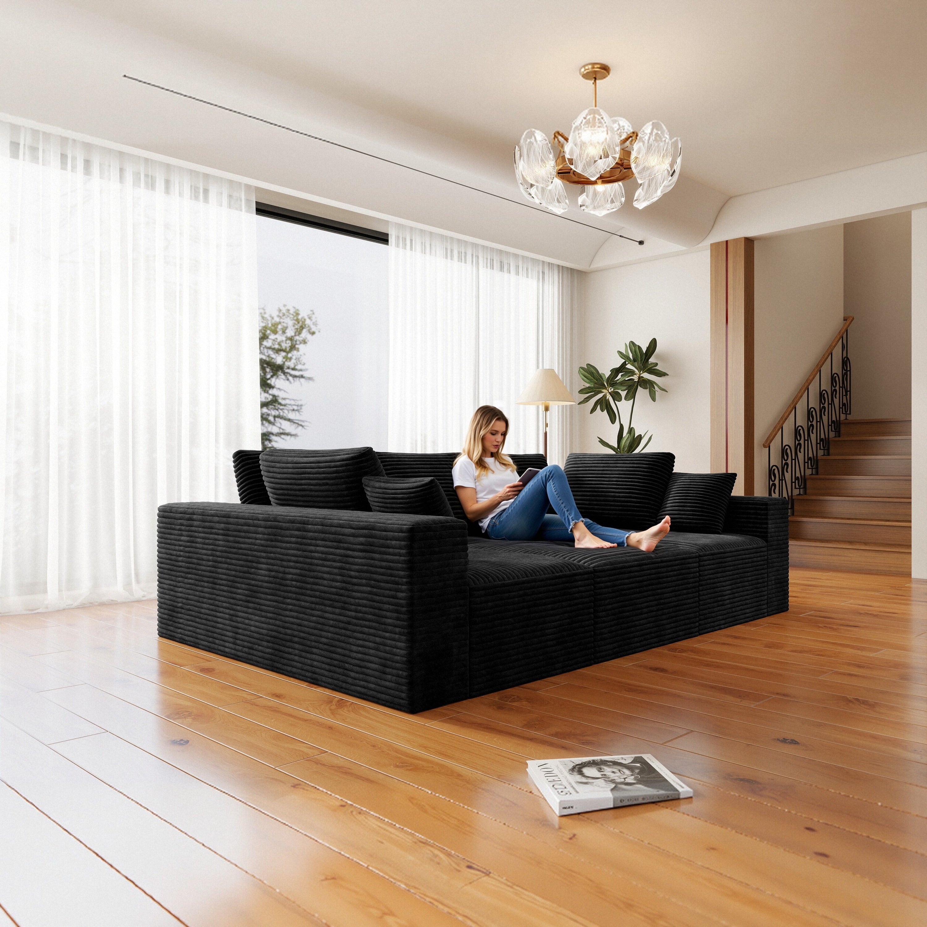 Black Plush Corduroy Modular Sectional Sofa, Ready for Home