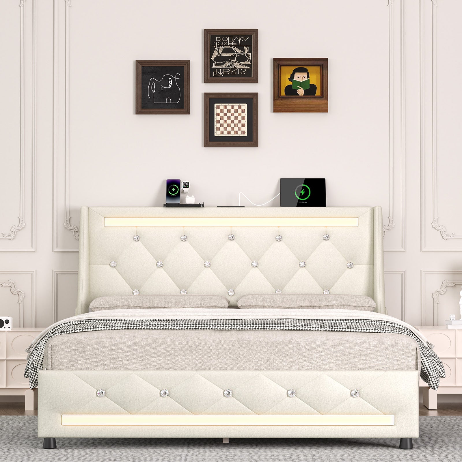 Queen Upholstered Platform Bed Frame w/ Headboard, LED, Charger