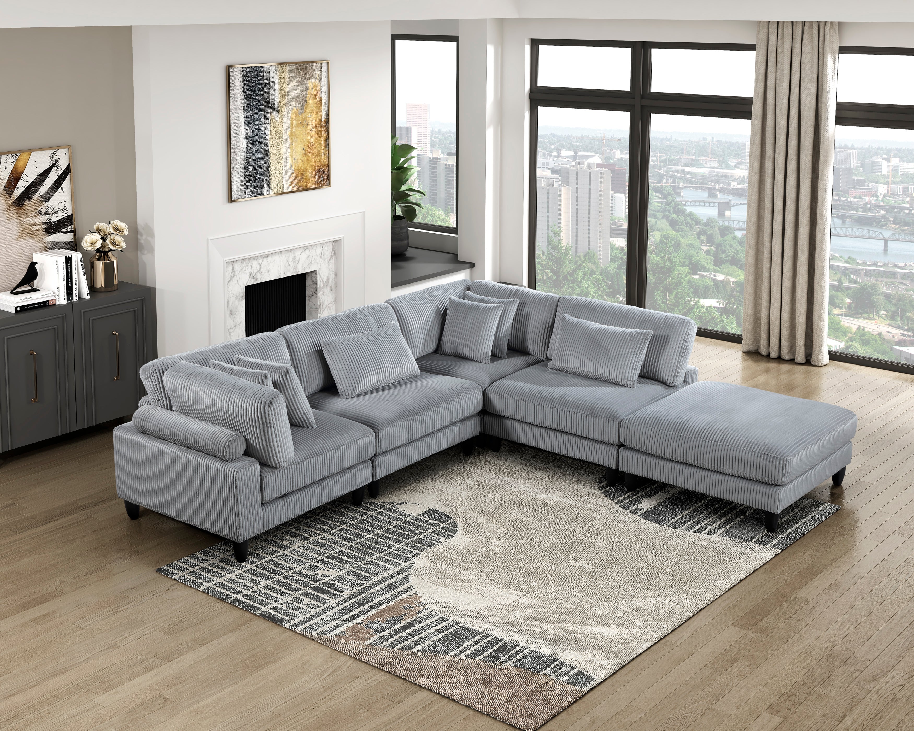 Gray Corduroy 5pc Modular Sectional Sofa Set