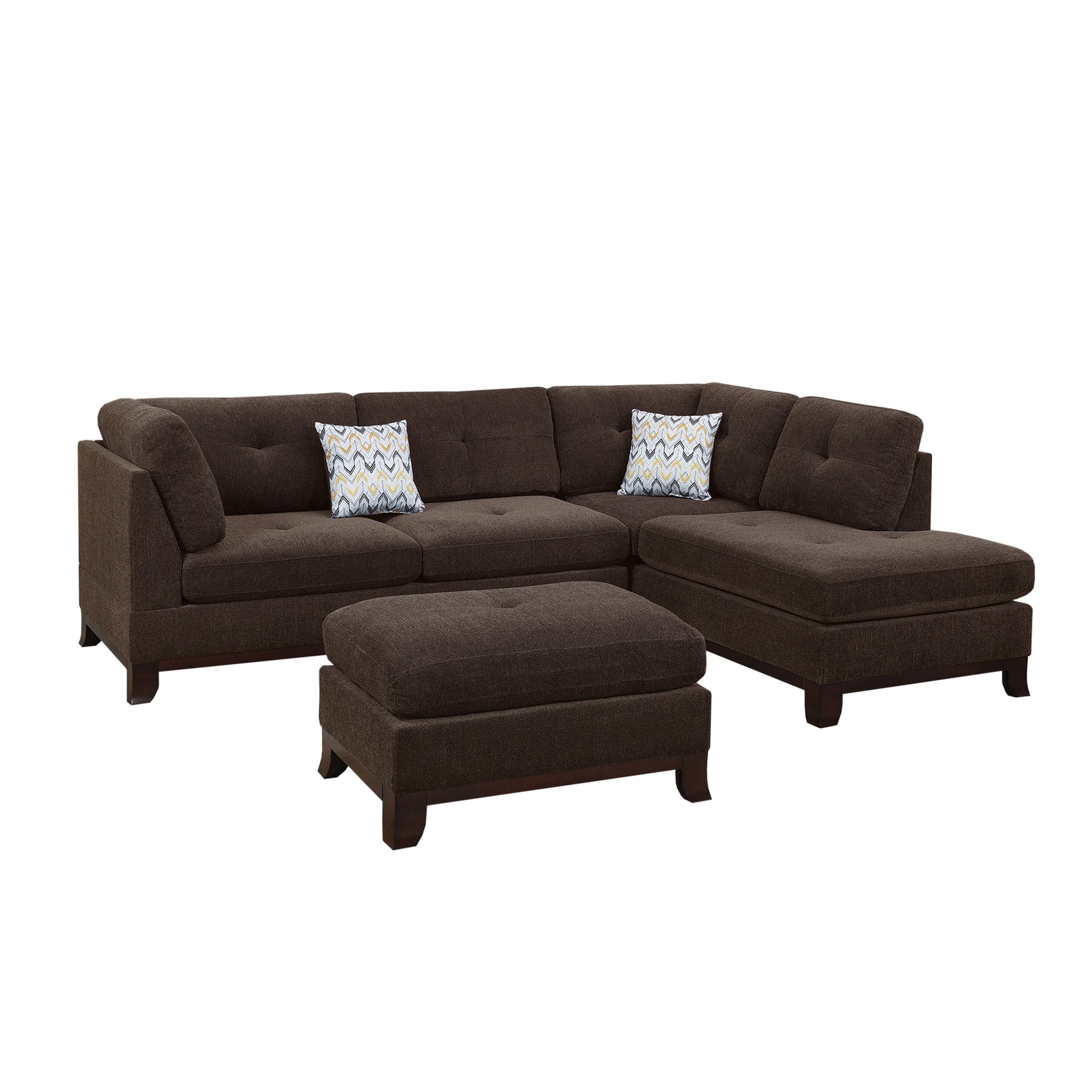 Dark Coffee Chenille Reversible Sectional Sofa w/ Ottoman