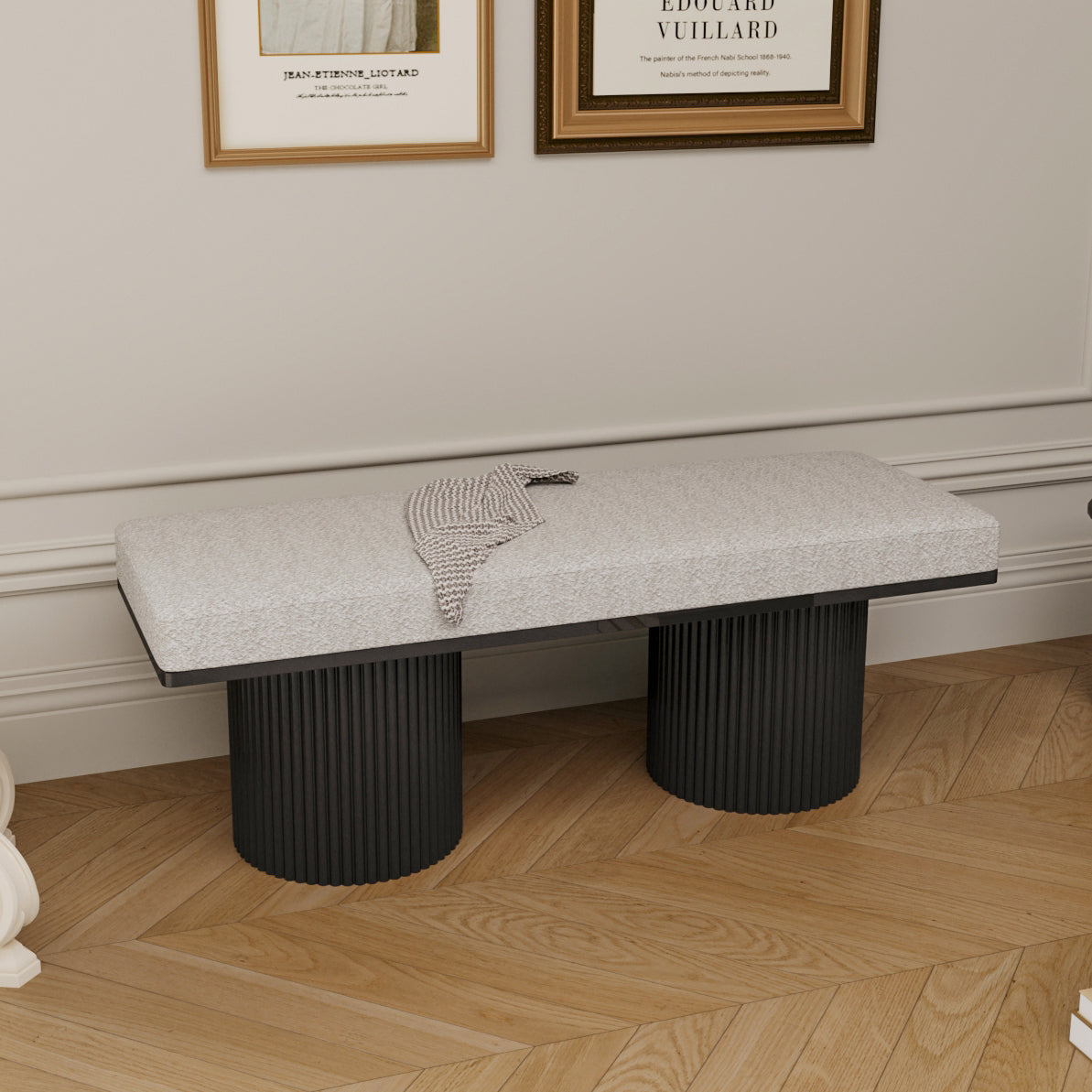 Light Grey Boucle Upholstered Bench | Black Legs | Contemporary