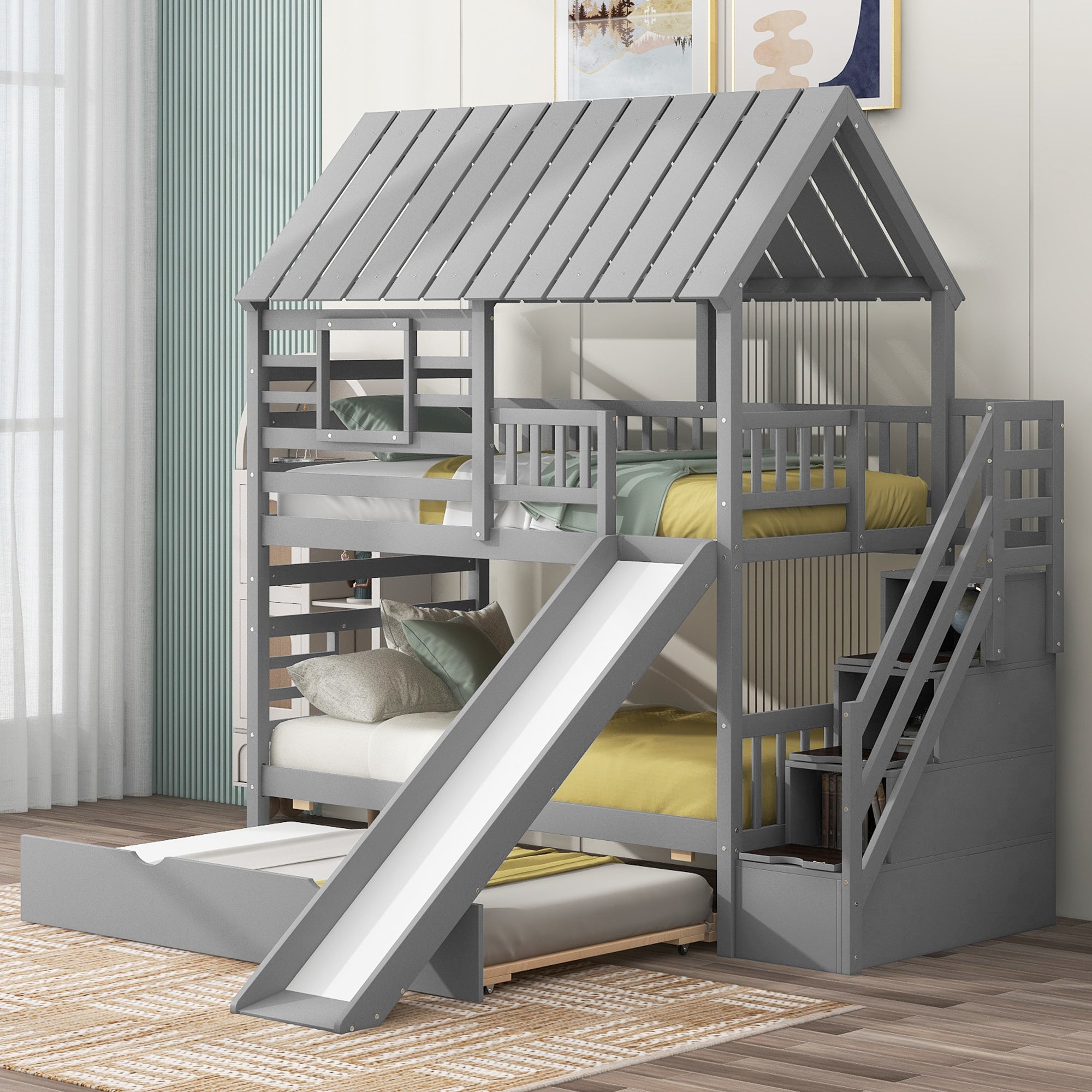 Gray Twin House Bunk Bed with Trundle, Slide & Storage Staircase