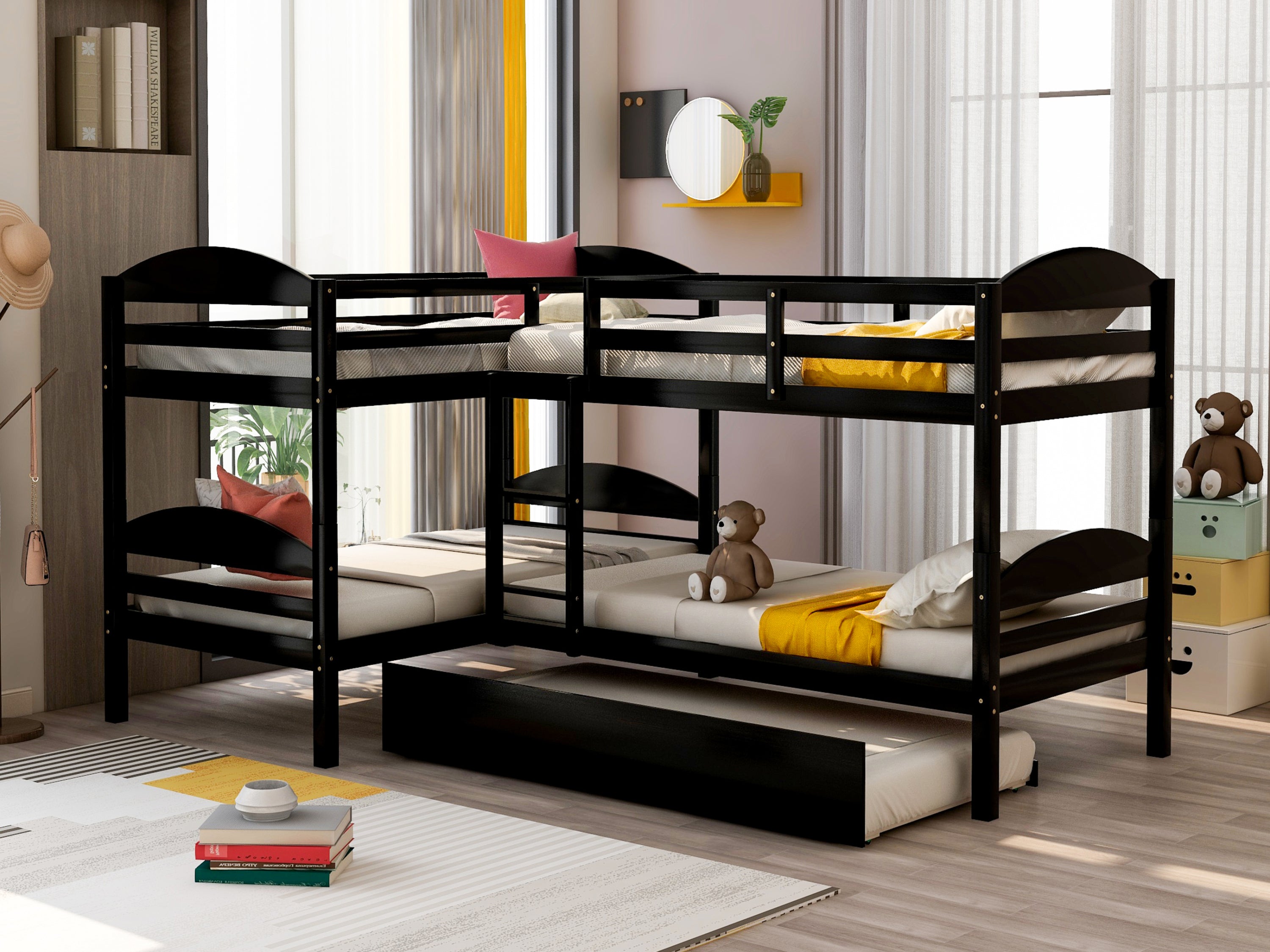 Space-Saving Espresso Twin L-Shaped Bunk Bed with Trundle