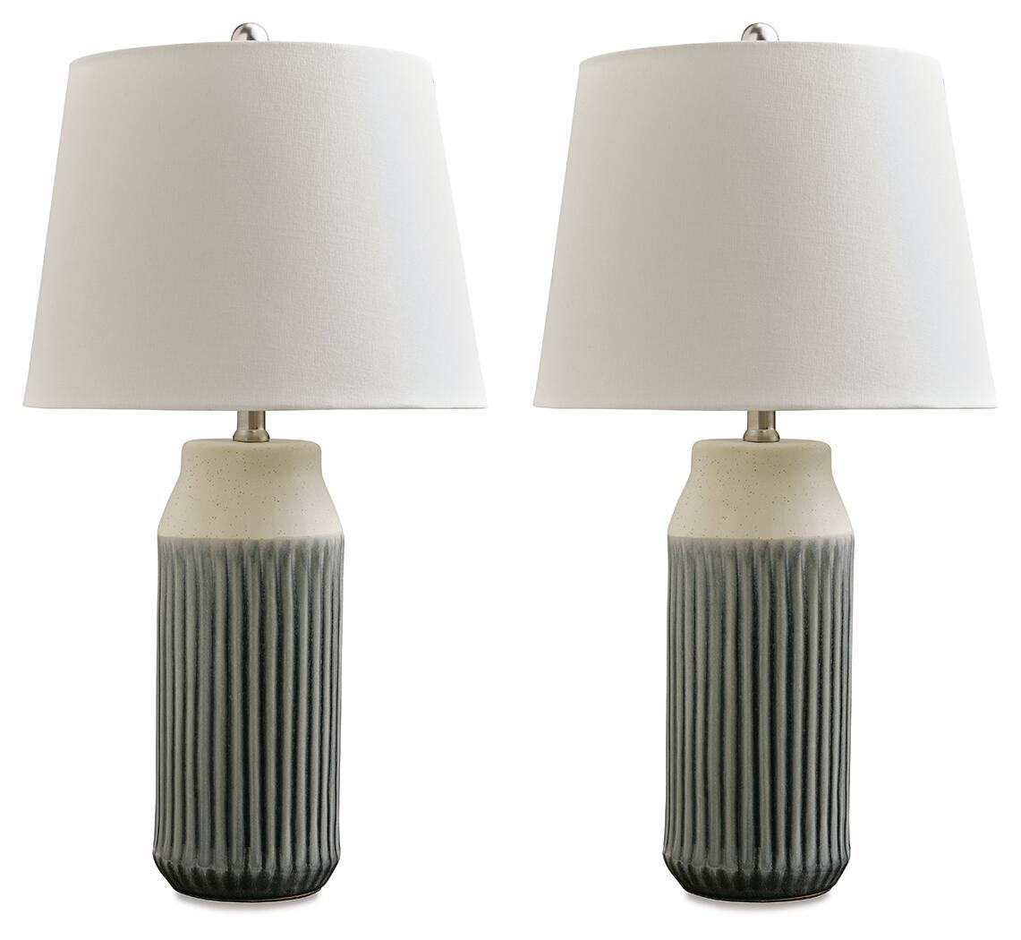Blue ceramic table lamps (set of 2) with white fabric shades