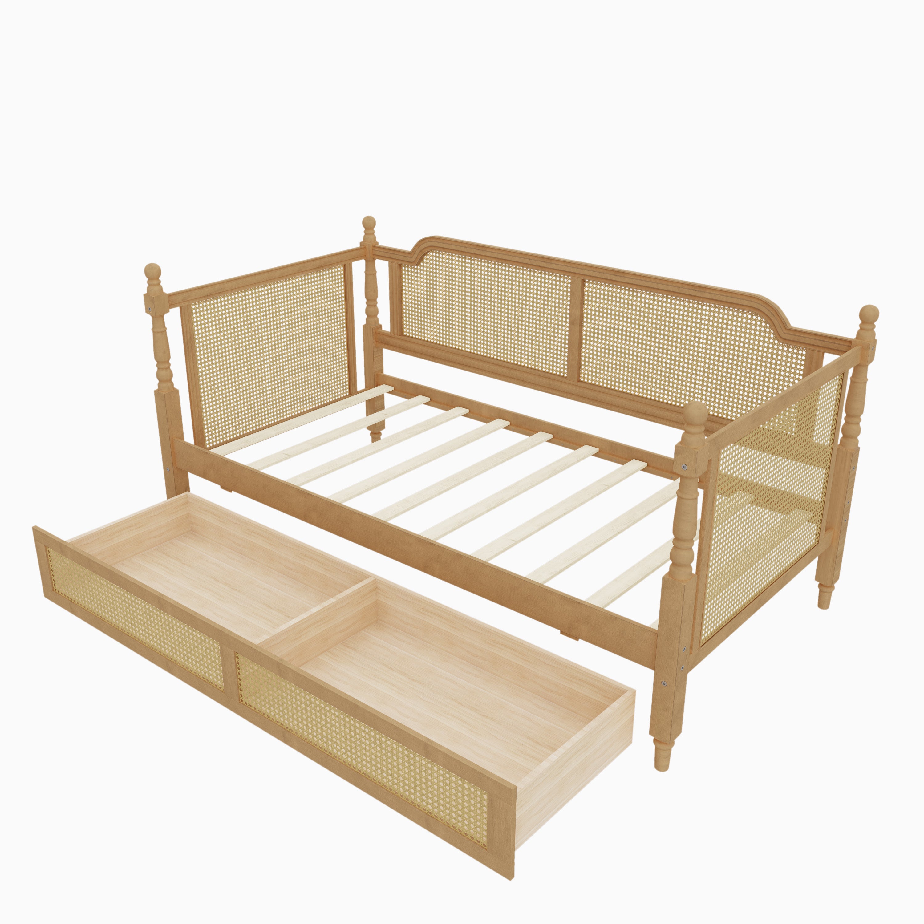 Antique Walnut Rattan Twin Daybed with Drawers - Space-Saving Pine Wood