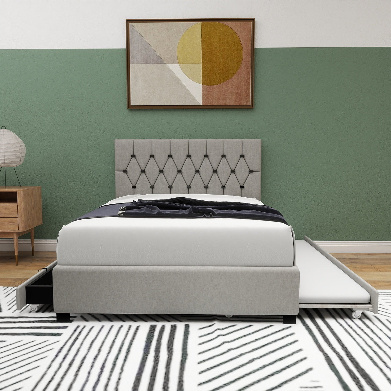 Gray Queen Upholstered Trundle Bed w/Storage