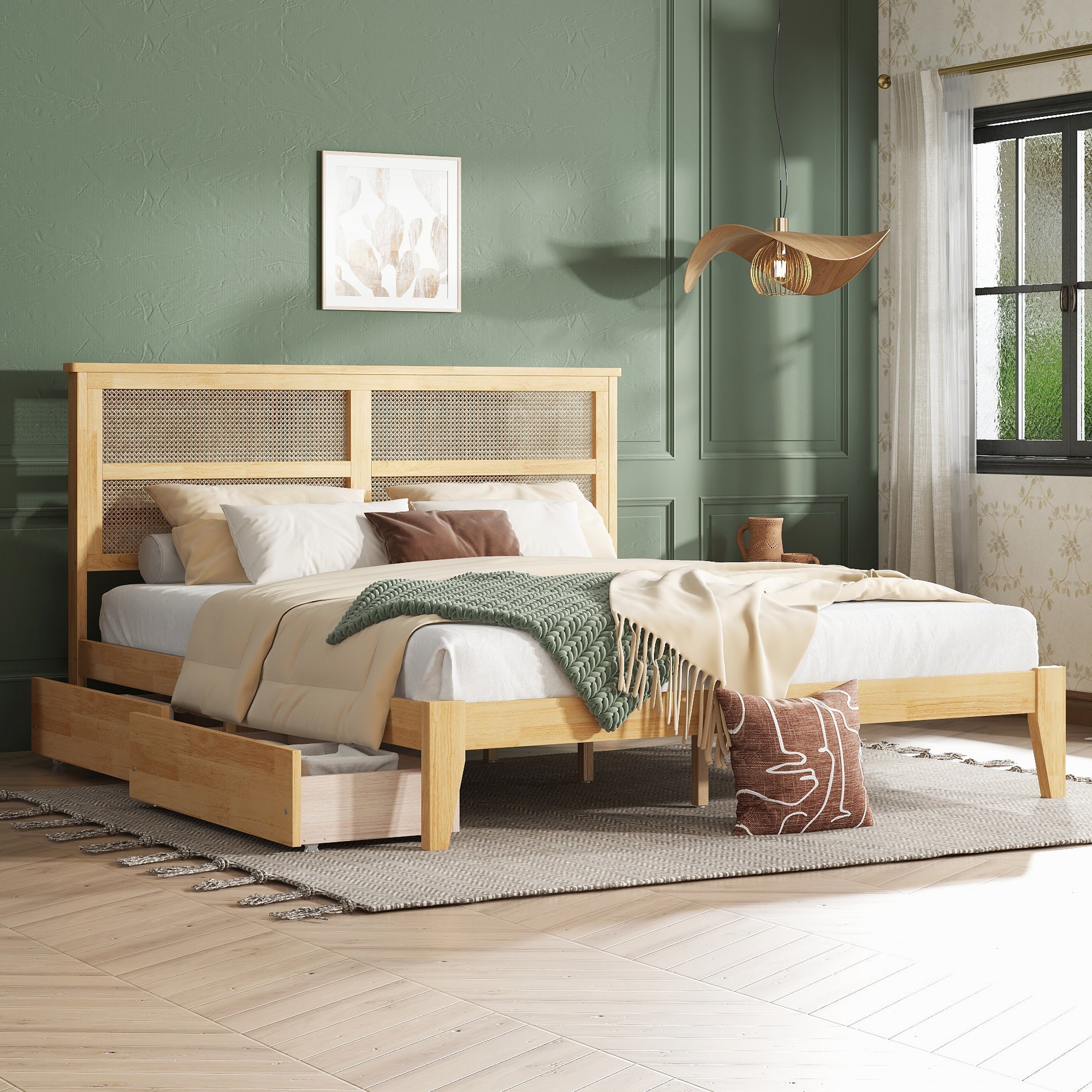 King Size Bed: Rattan Headboard, Storage, Wood Frame, White Oak