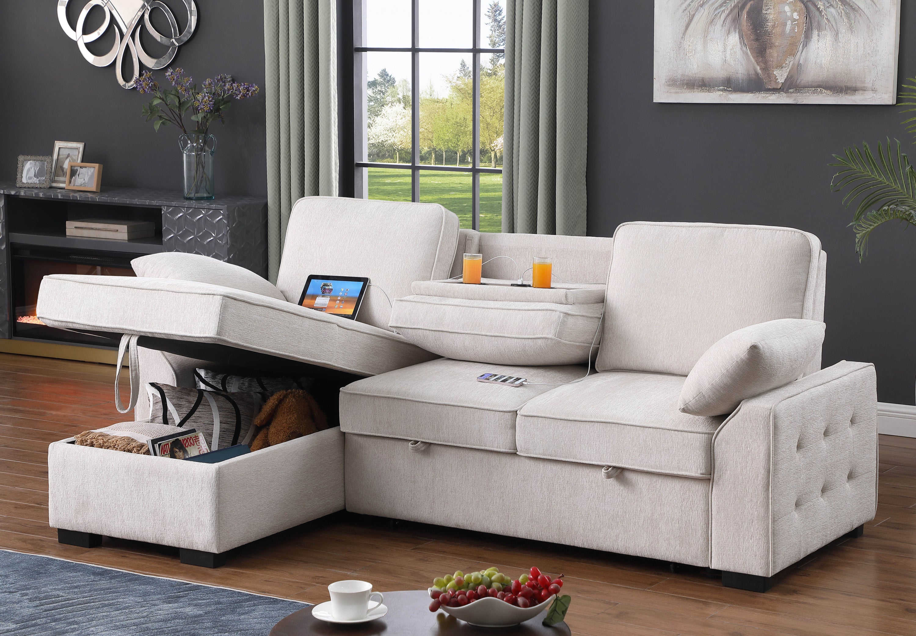 Mackenzie Beige Sleeper Sectional w/ Storage & Charging