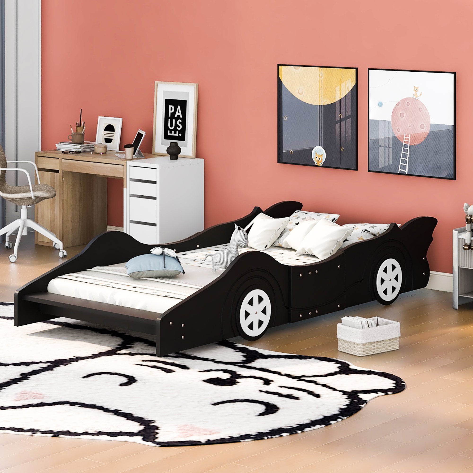 Black Twin Race Car Bed with Wheels - Platform Design for Kids