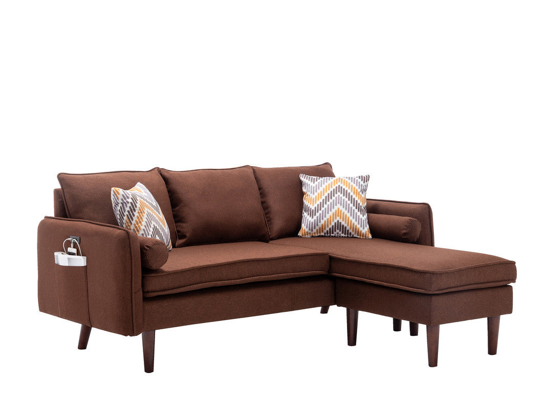 Mia 70" Brown Sectional Sofa Chaise with USB Charger