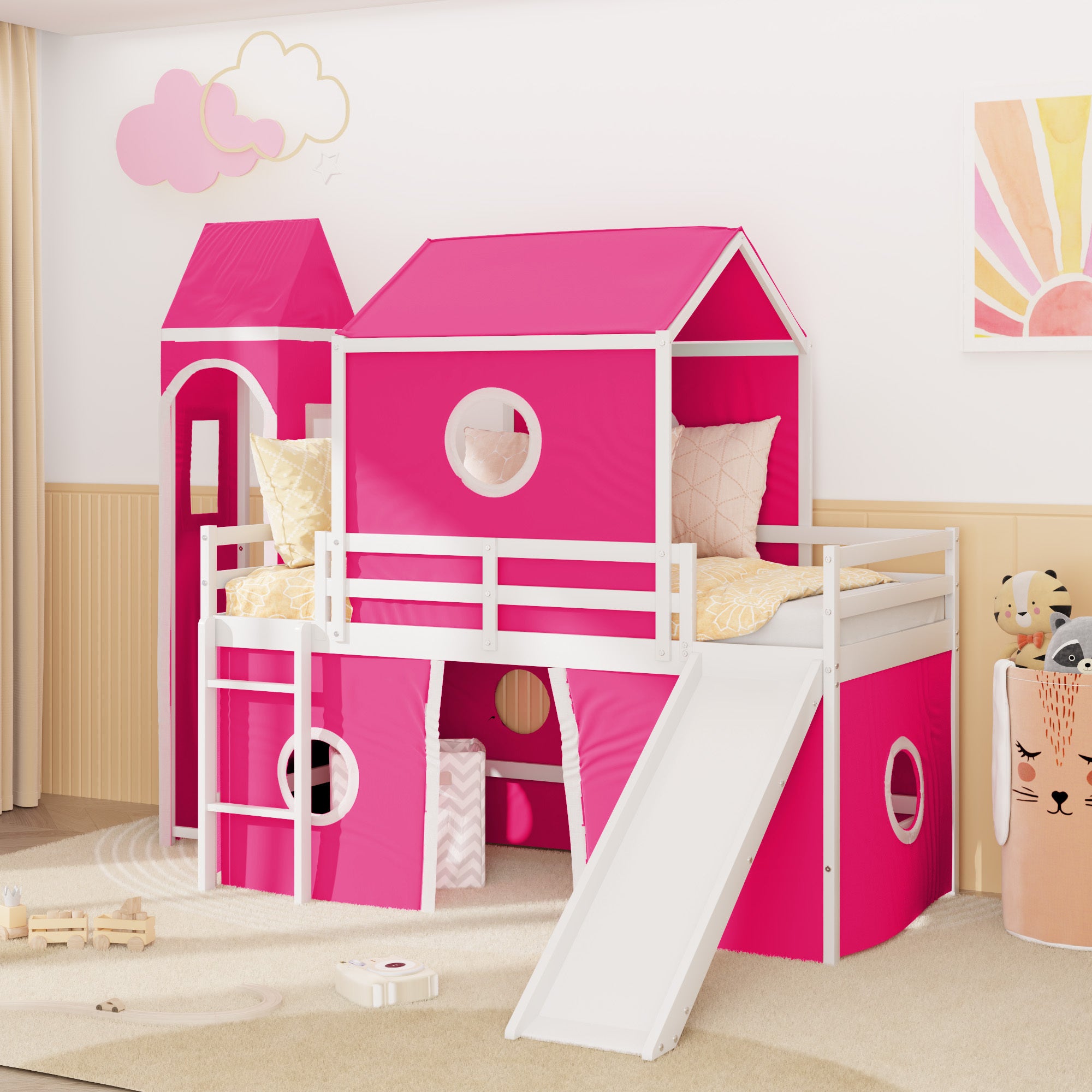 Pink Twin Loft Bed with Slide, Tent & Tower - Girls