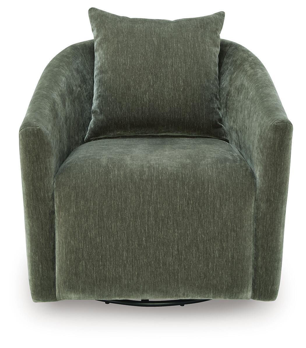 Loden green swivel accent chair with wide arms and soft upholstered back cushion