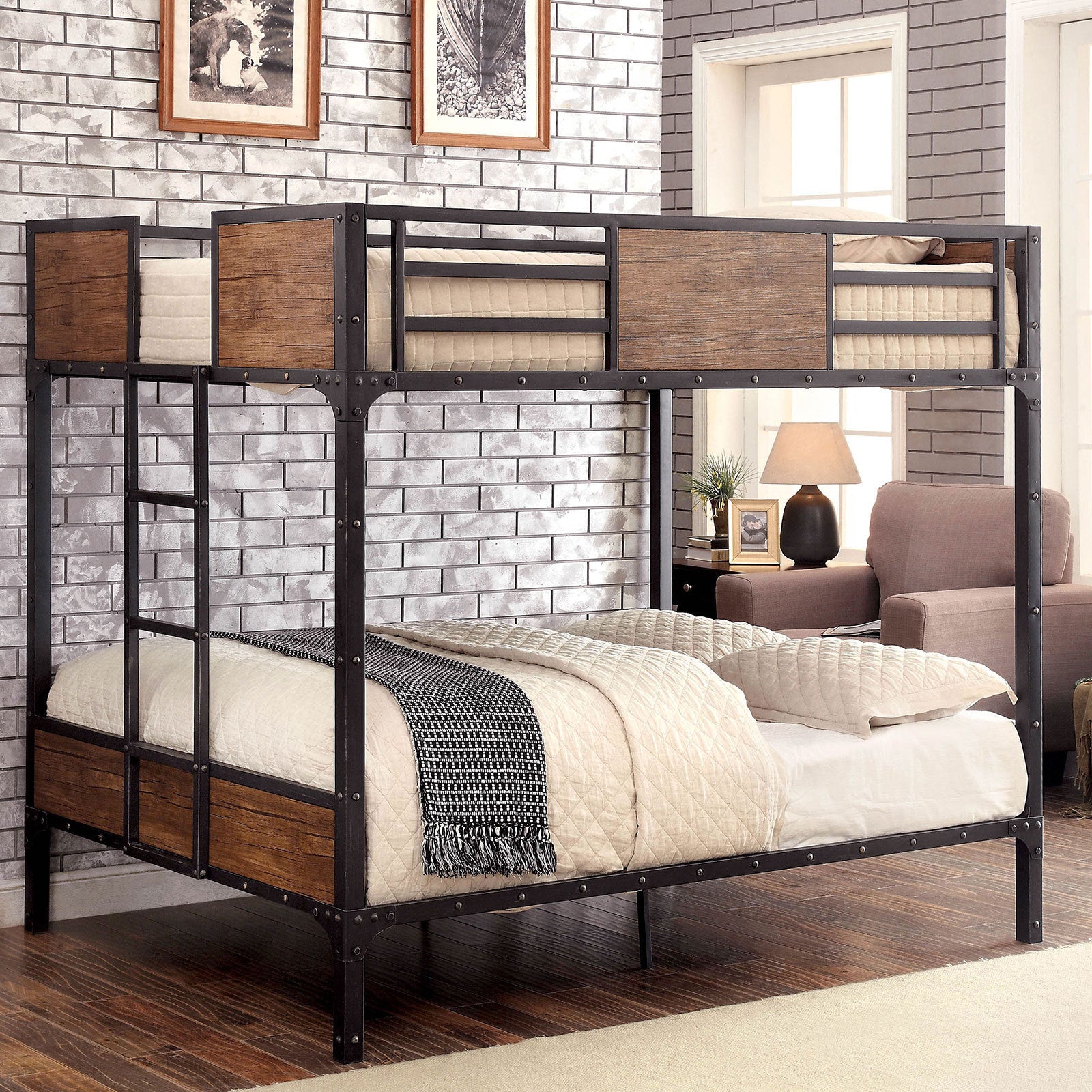 Industrial Metal Bunk Bed: Full Over Full, Wood Panels, Ladder, Nailhead