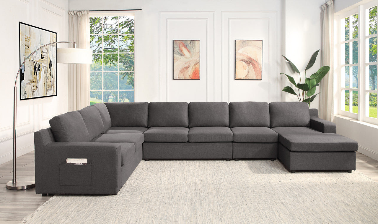 Waylon 7-Seater Gray Linen U-Shape Sectional Sofa Chaise