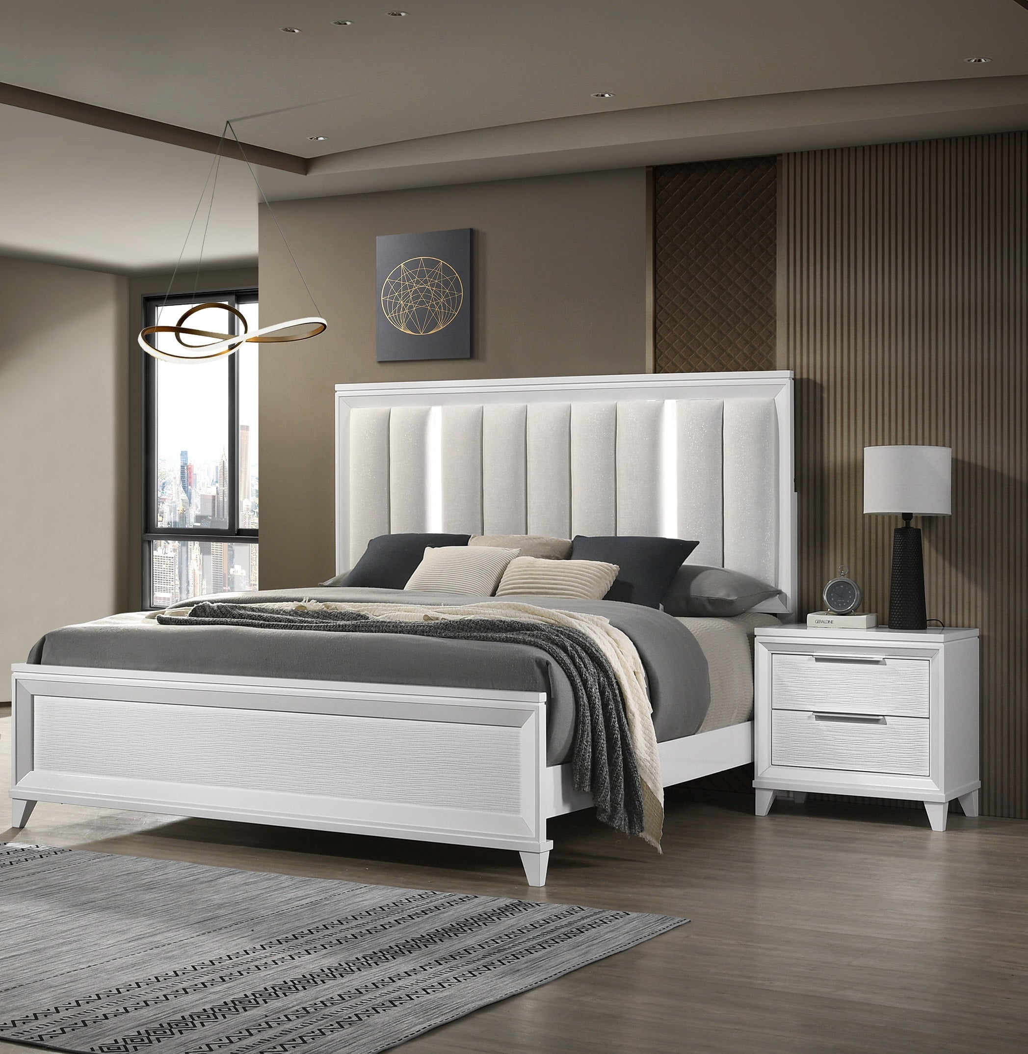White King Bed 3pc Set | LED Headboard, Upholstered, Nightstands