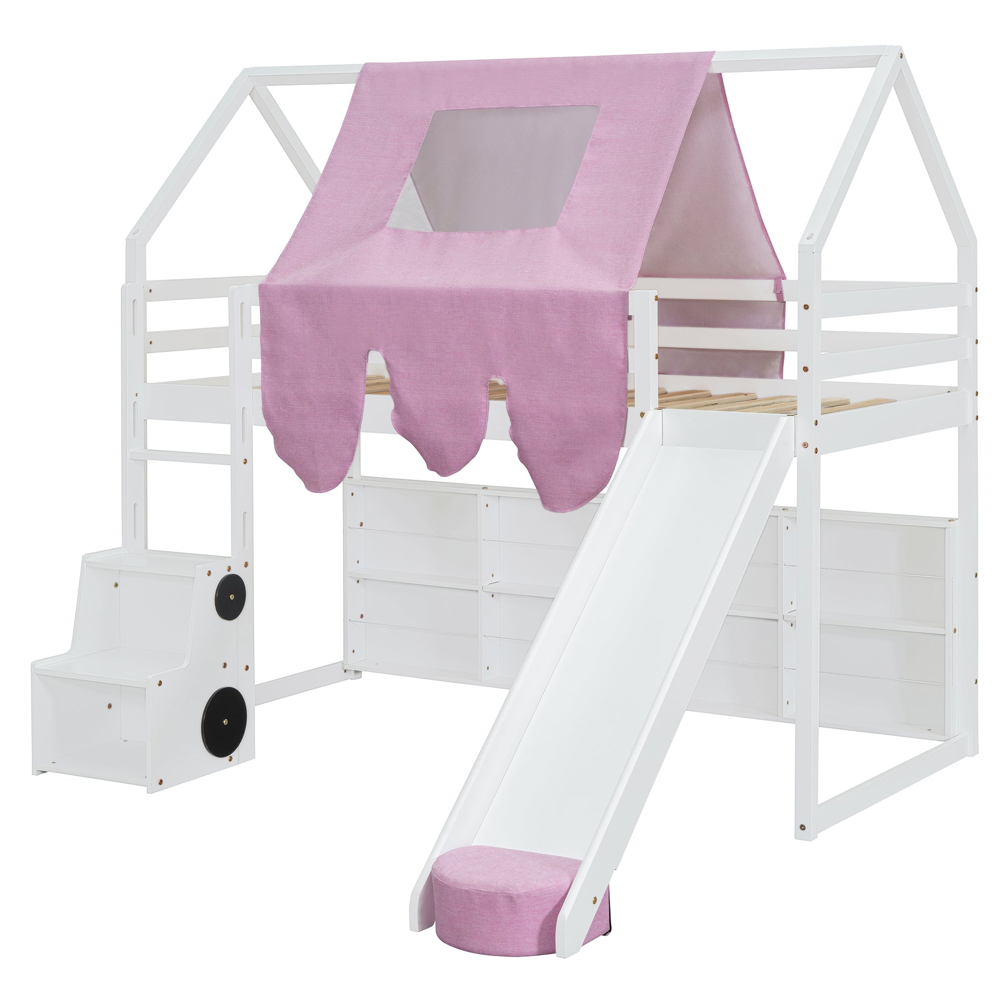 House-Shaped Twin Wooden Loft Bed with Tent & Slide - White/Pink