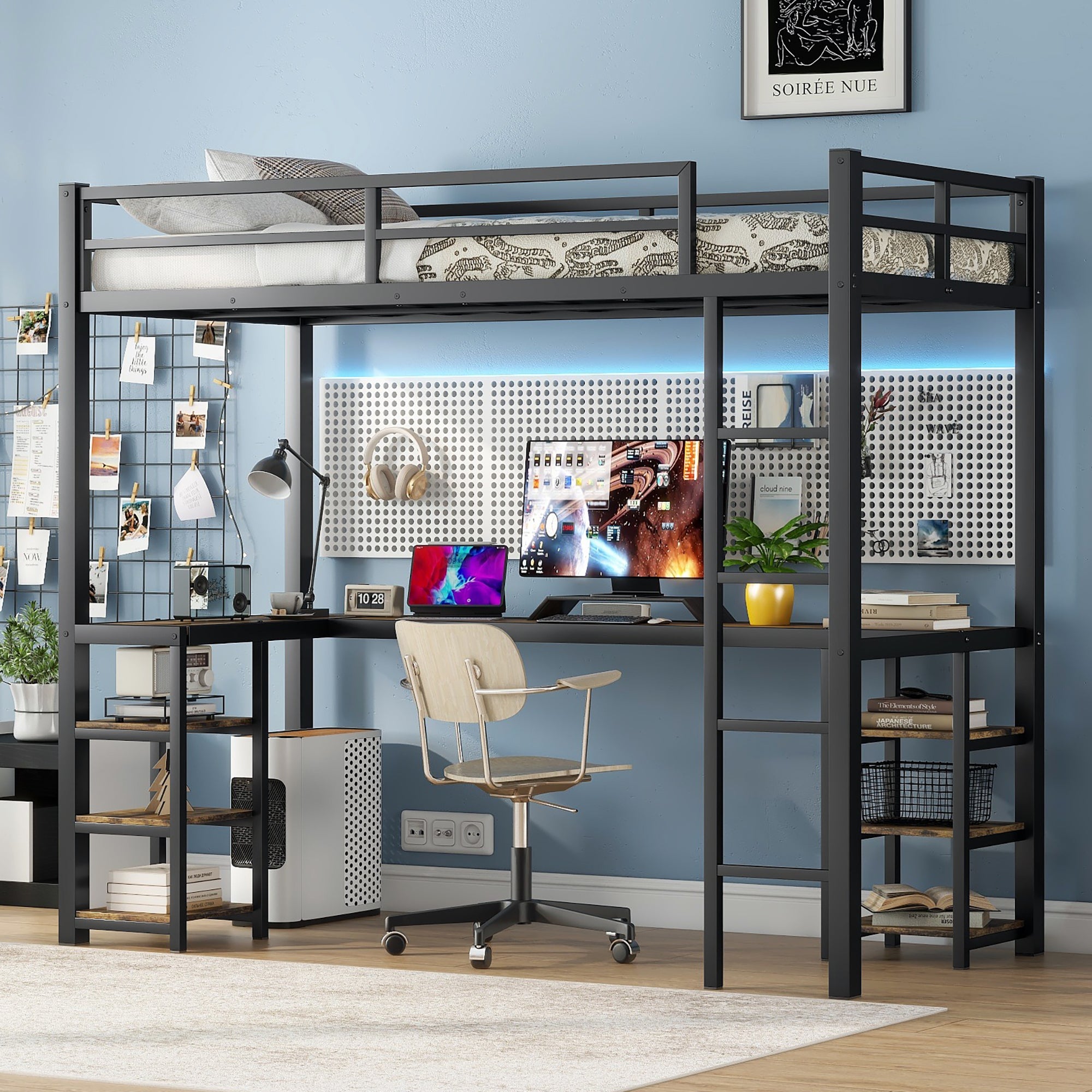 Twin XL Metal Loft Bed Black: Desk, Shelves, Ladder, Guardrails Included