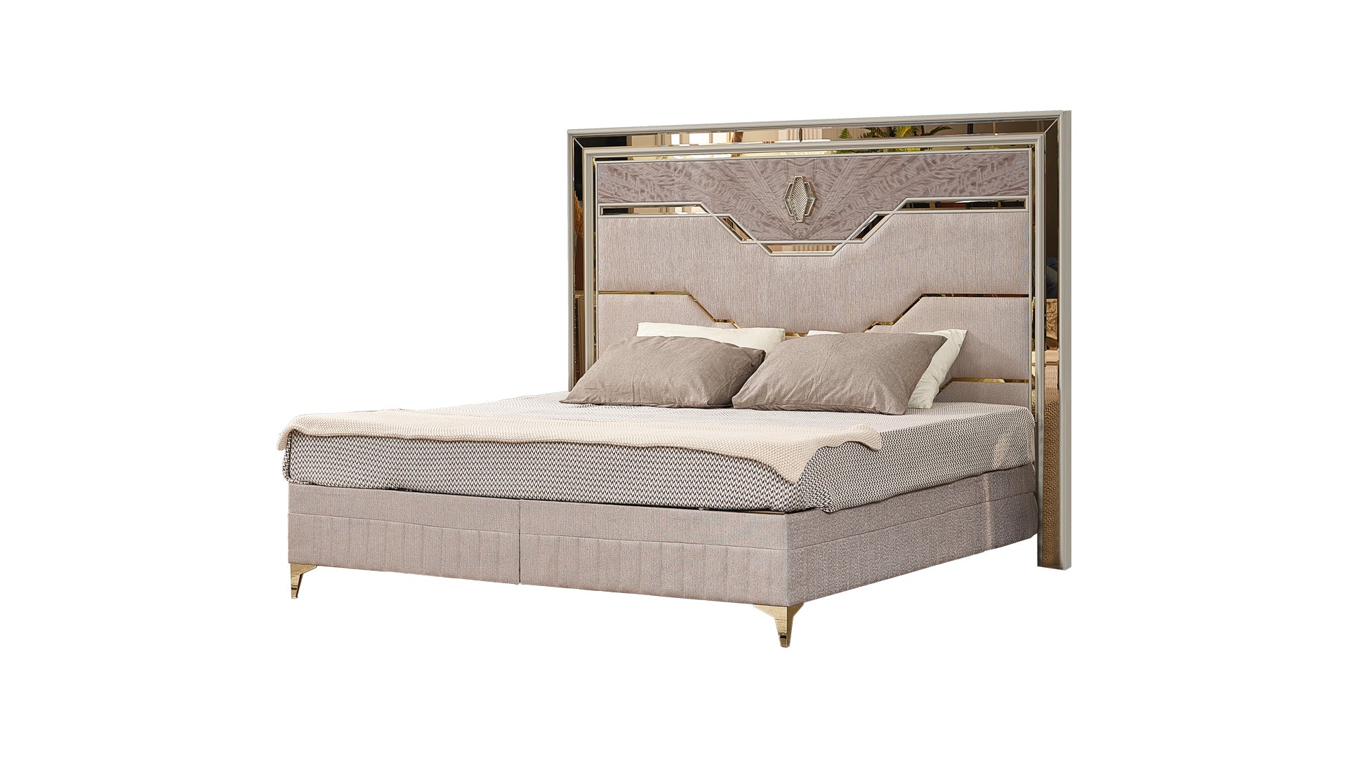 Omari Modern Queen Upholstered Bed - Beige, Wood & Gold Accents