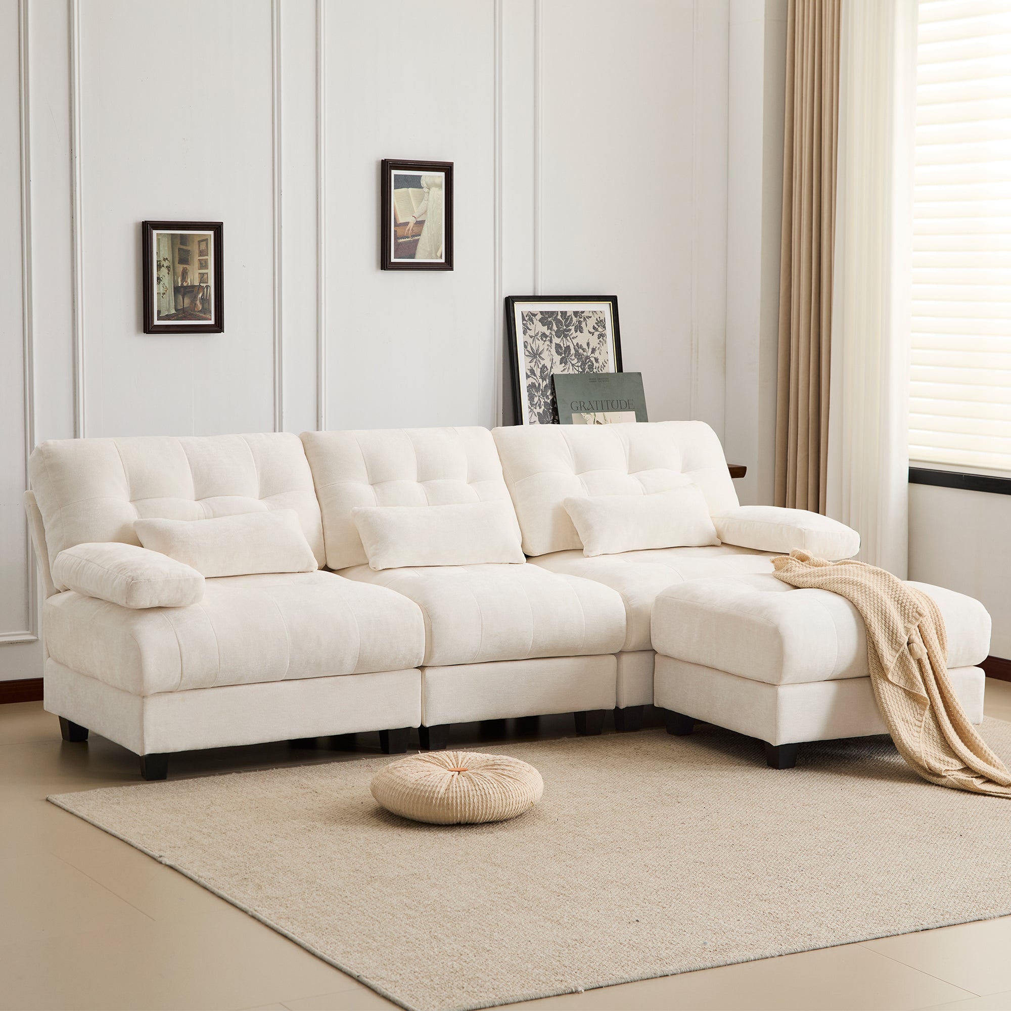 93" 3+1 Chenille Sofa & Ottoman, Adjustable Backrest