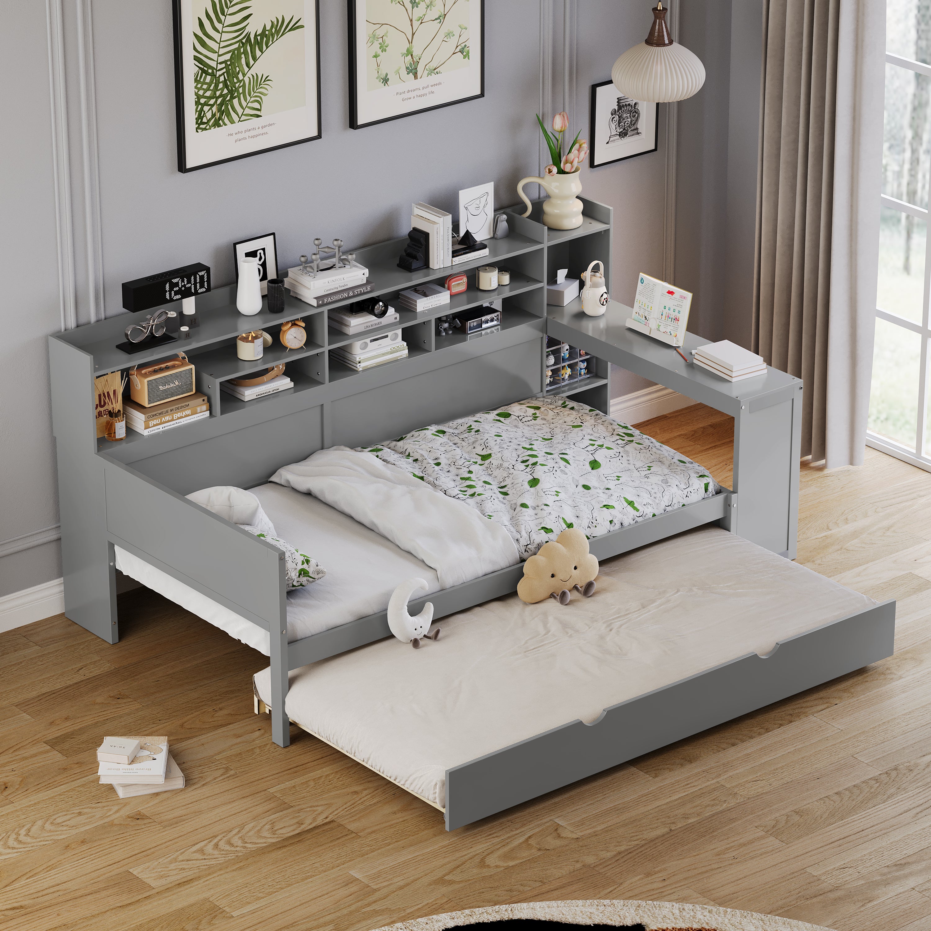 Gray Wooden Twin Daybed with Trundle, Storage & Study Desk