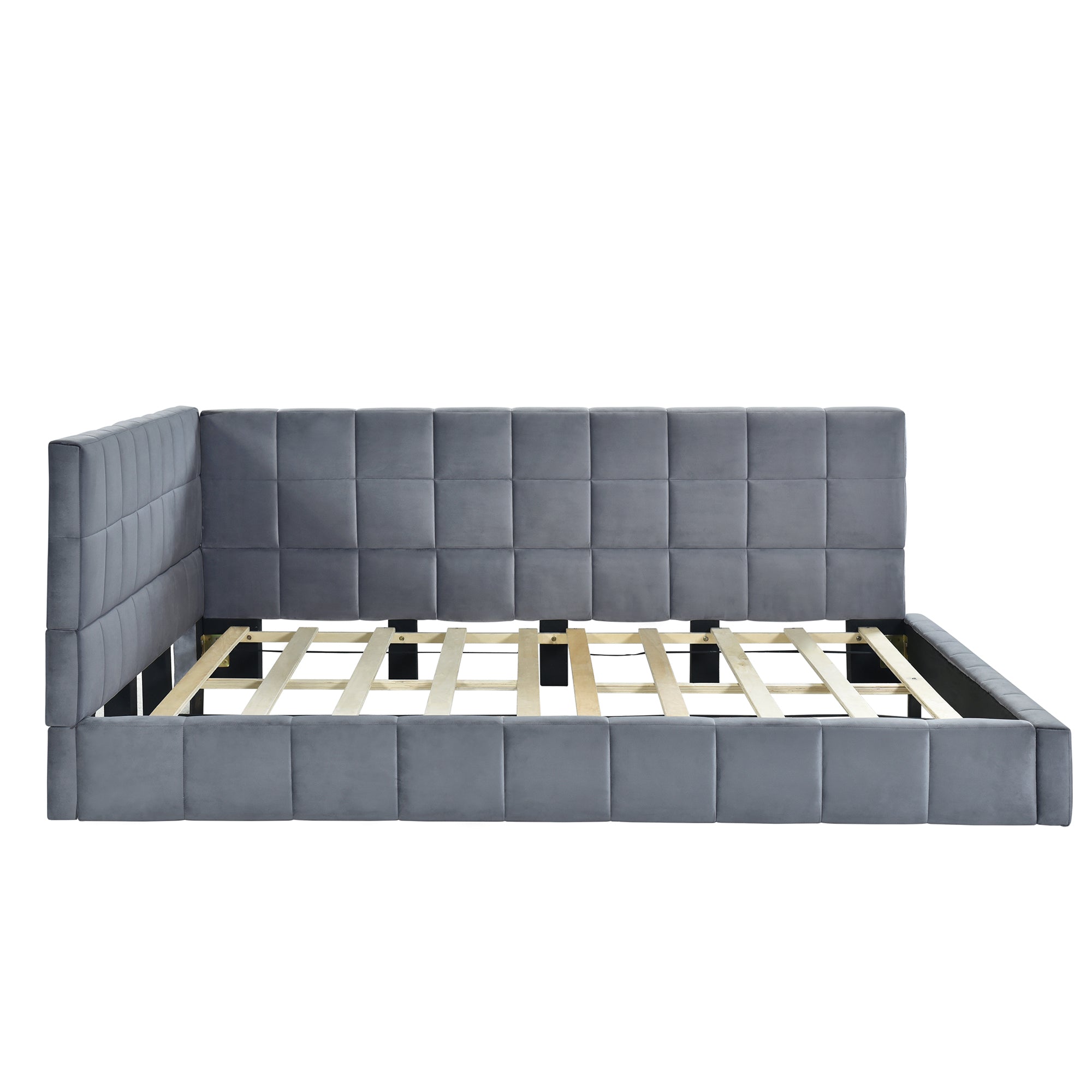 Classic MCM Full Size Gray Velvet Upholstered Daybed Sofa Bed Frame
