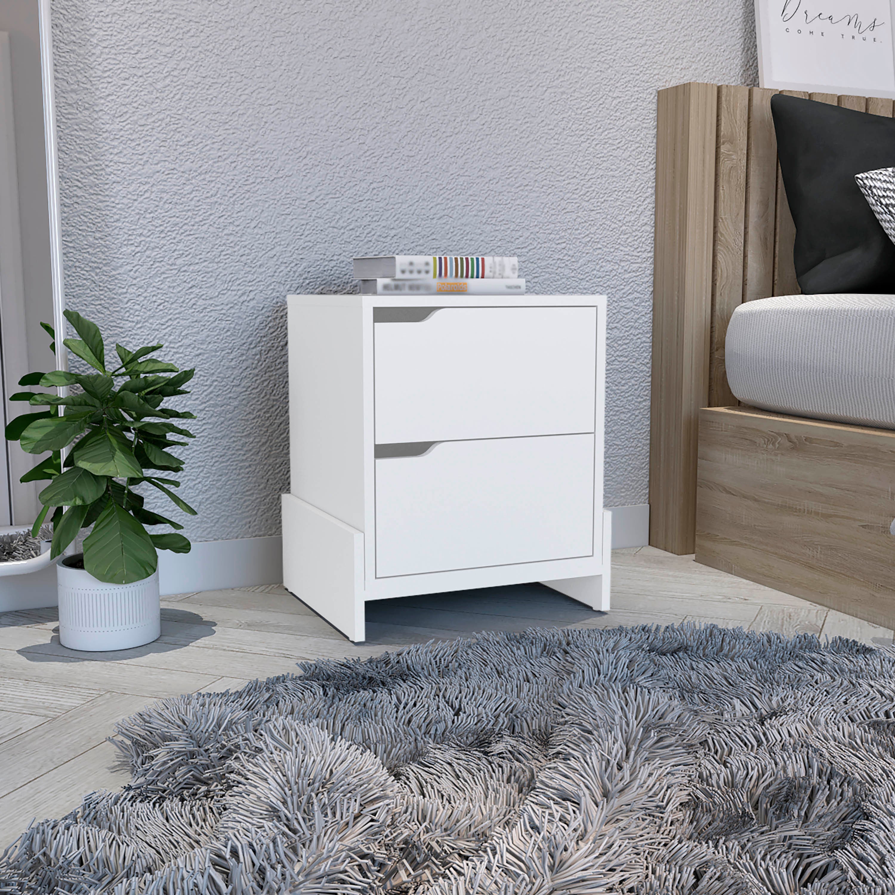 White 2-Drawer Nightstand & End Table with Sturdy Base