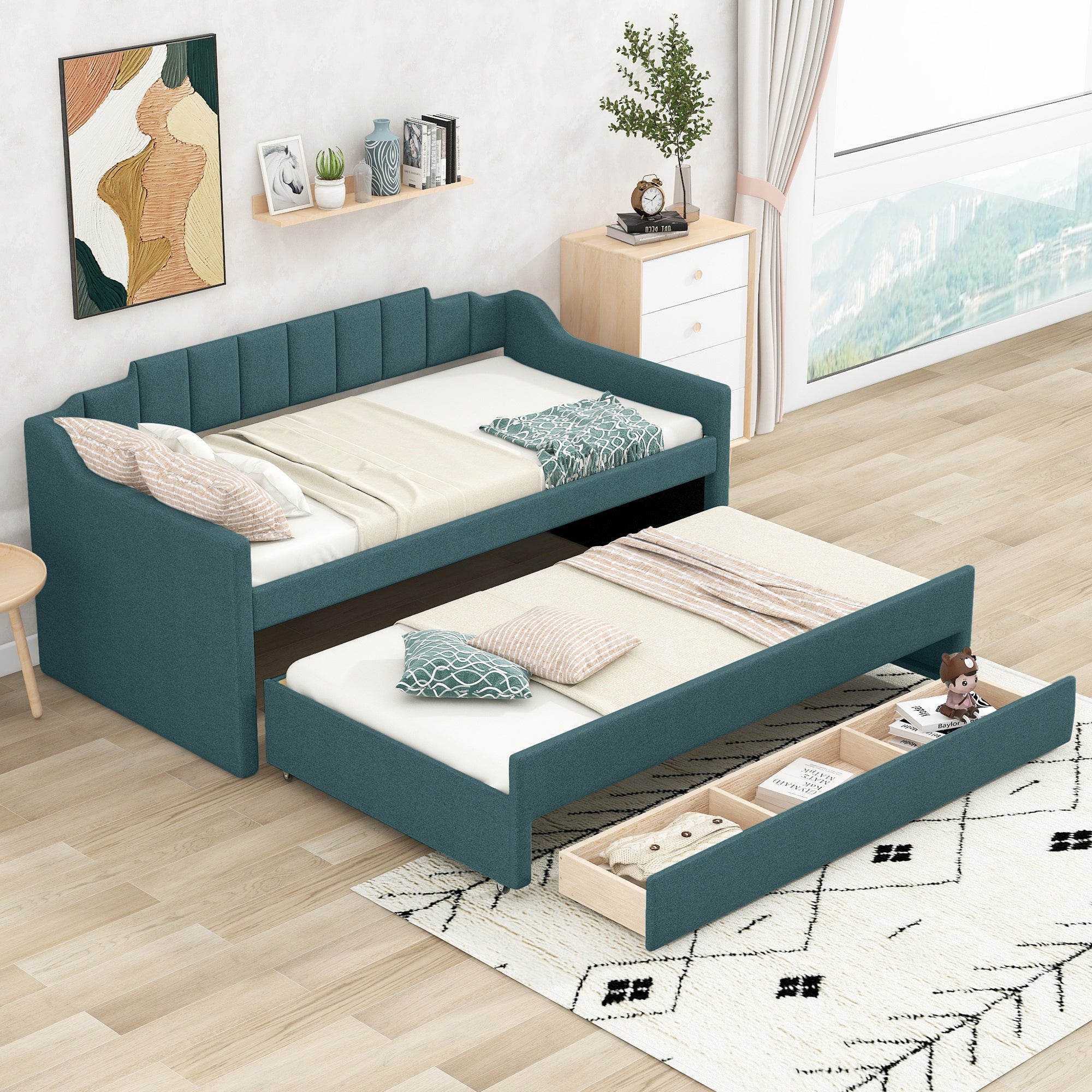 Space-Saving Green Twin Upholstered Daybed with Trundle, 3 Drawers