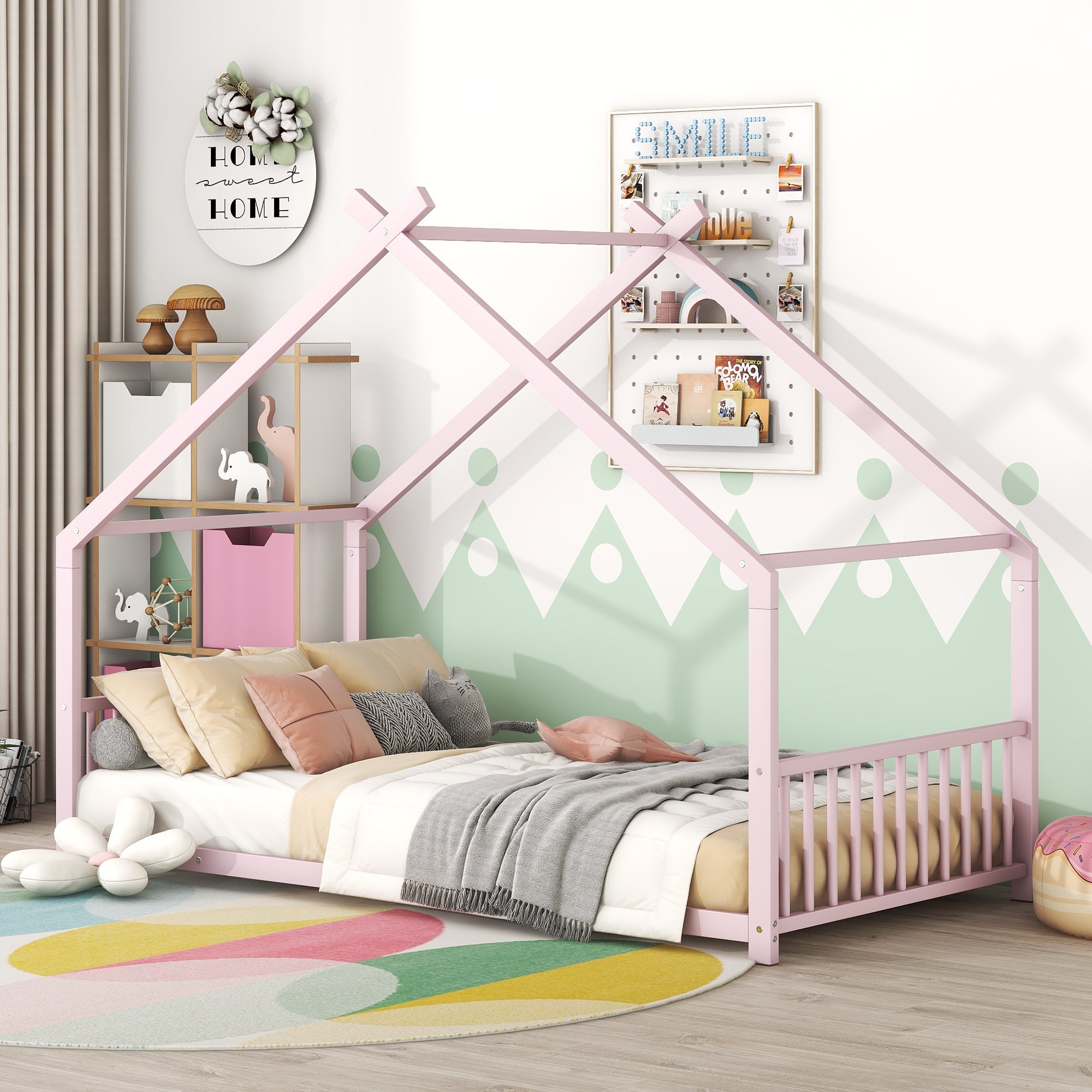 Pink Twin Size Metal House Bed Frame - Kids House Shaped Platform Bed
