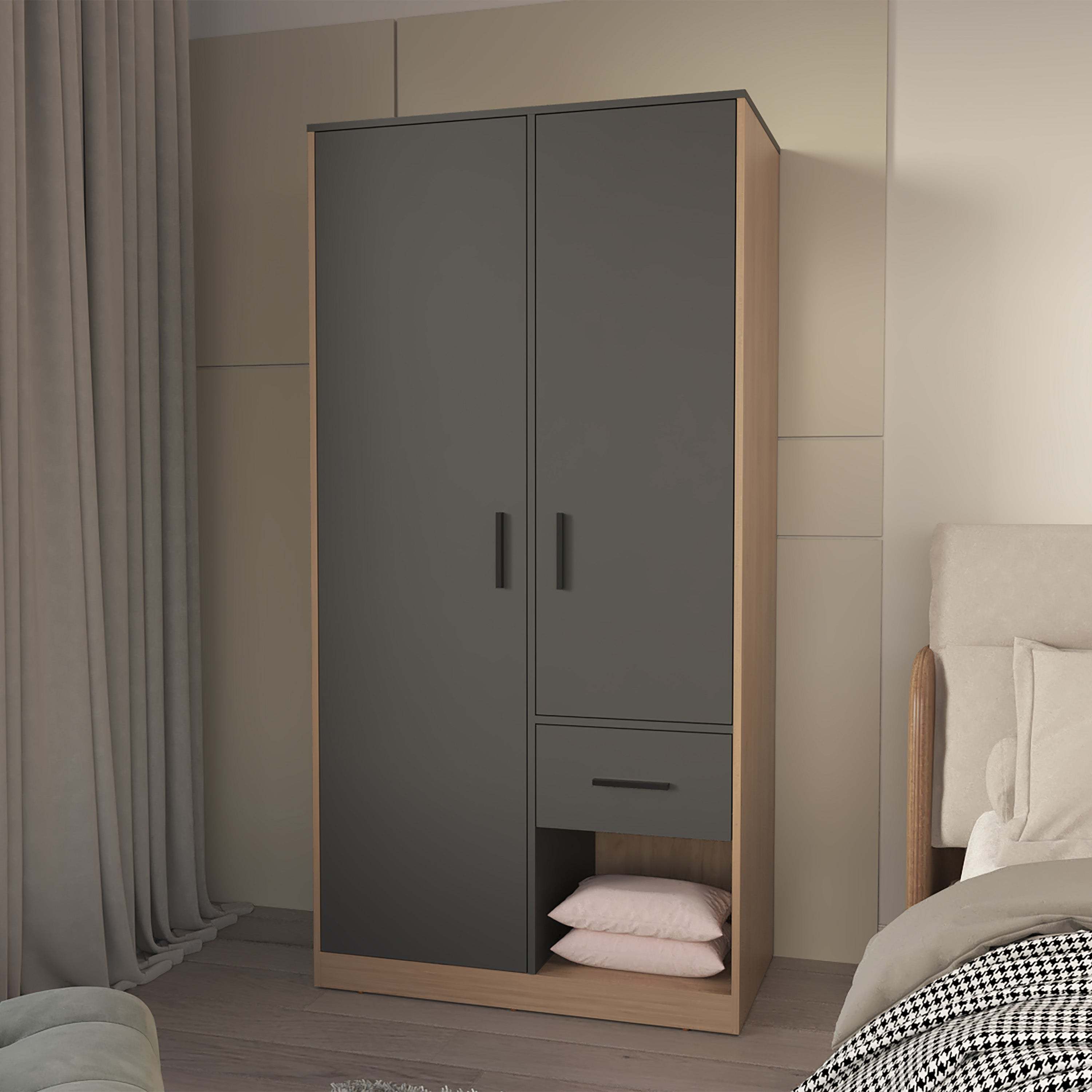 Matt Grey & Natural Oak 2-Door 1-Drawer Wardrobe | Modern Storage