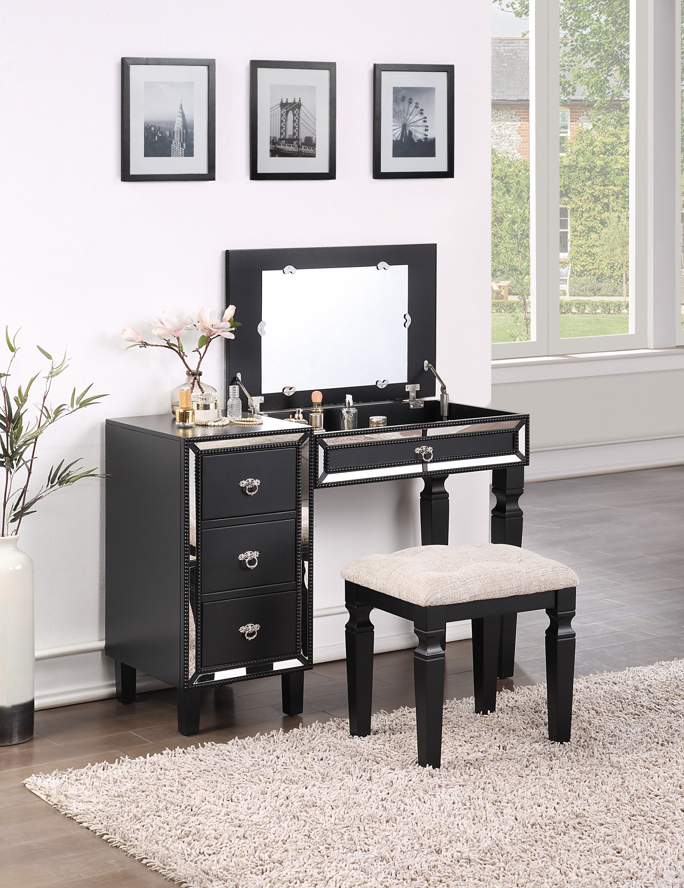 Black Traditional Vanity Set with Drawers & Tufted Stool